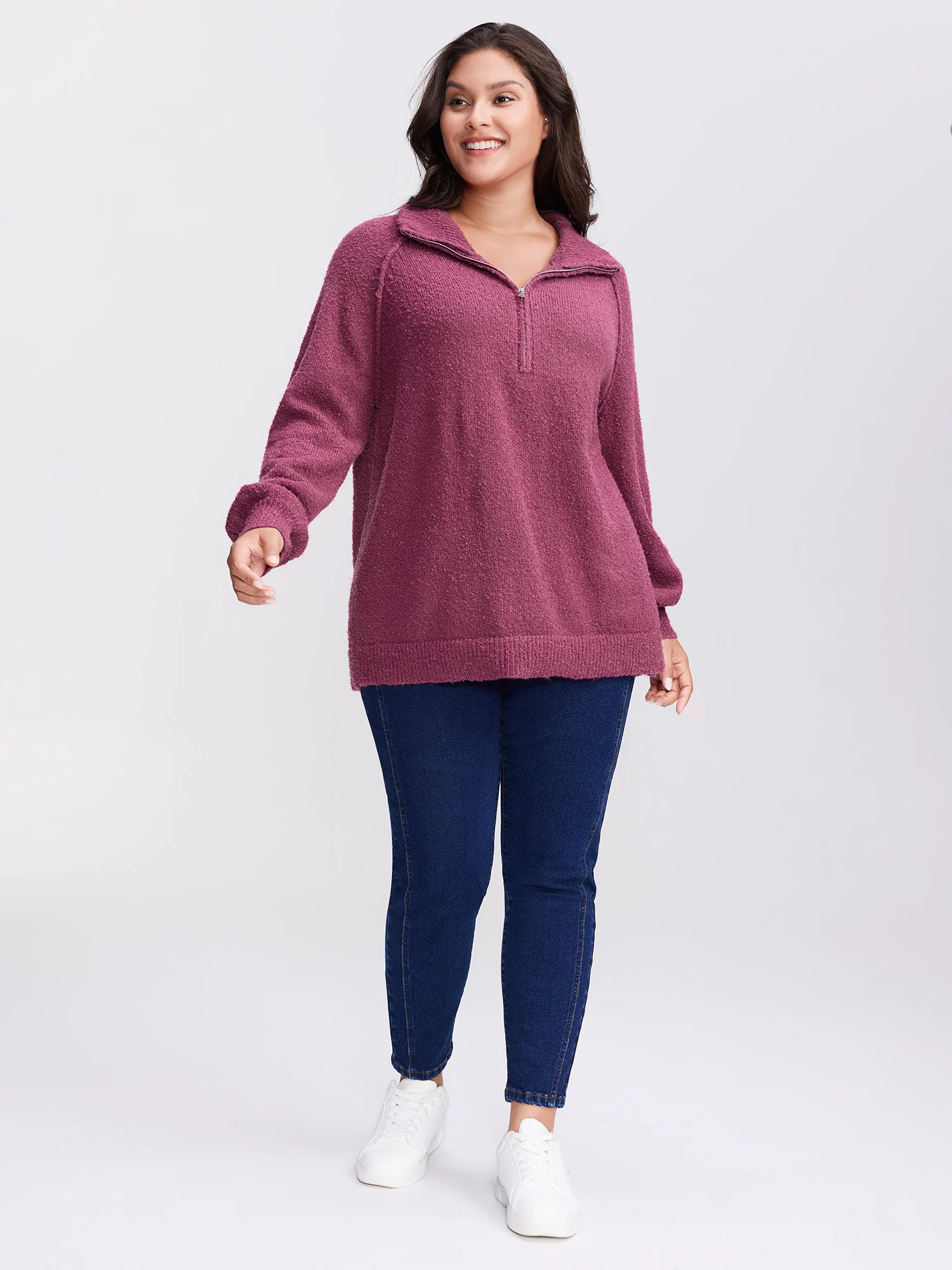 Textured Raglan Sleeve Zipper Pullover - Image 3