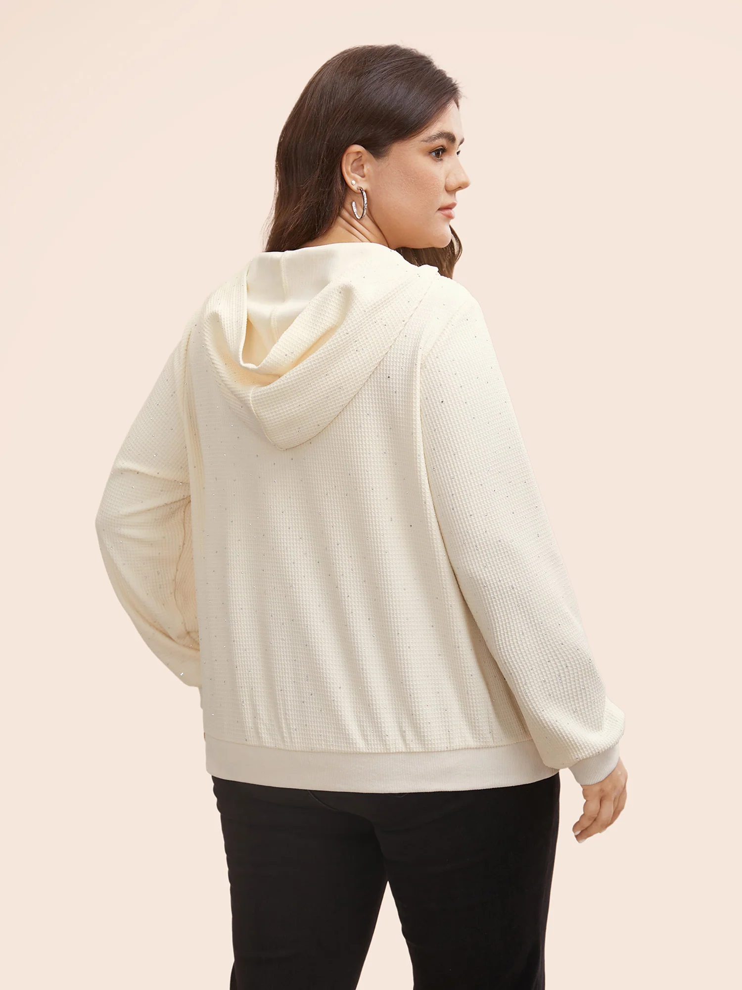 Textured Rhinestone Hooded O Ring Zipper Sweatshirt - Image 3