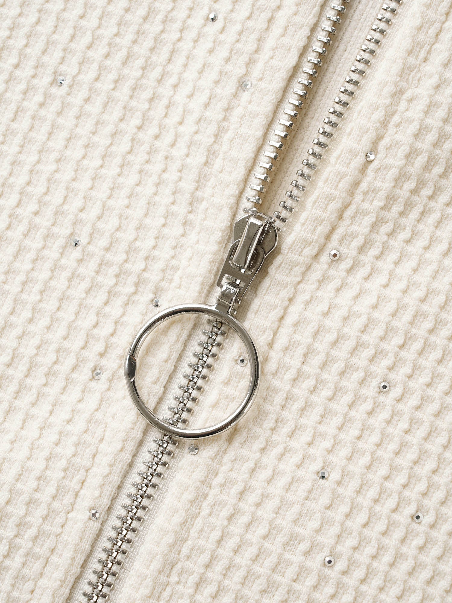 Textured Rhinestone Hooded O Ring Zipper Sweatshirt - Image 7