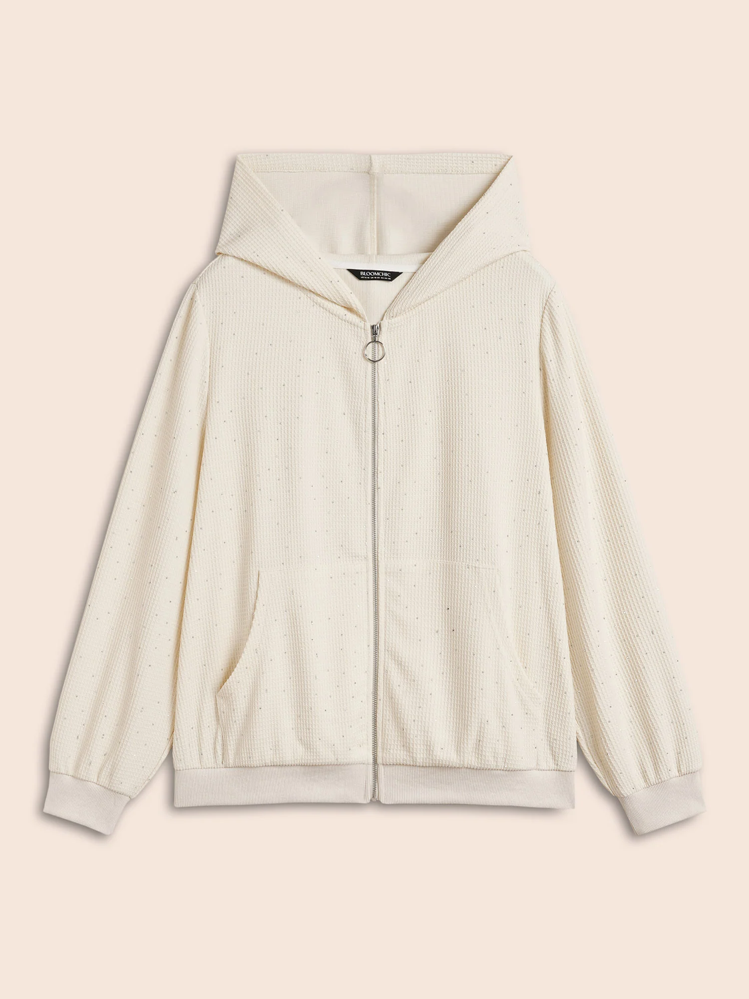 Textured Rhinestone Hooded O Ring Zipper Sweatshirt - Image 8