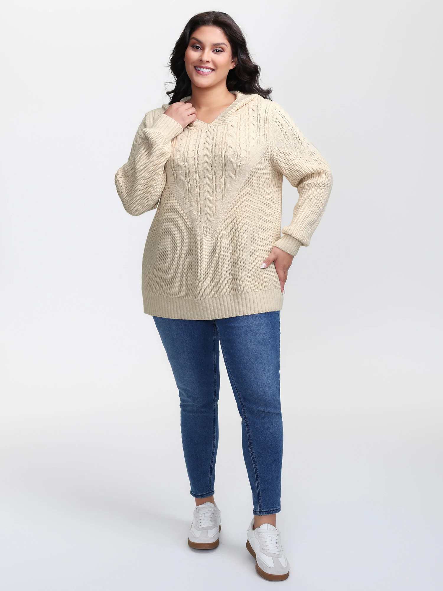 Textured Ribbed Hem Hooded Pullover - Image 3