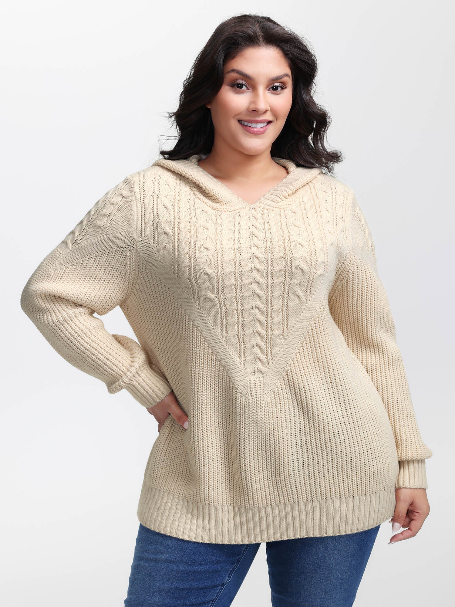 Textured Ribbed Hem Hooded Pullover - Image 4