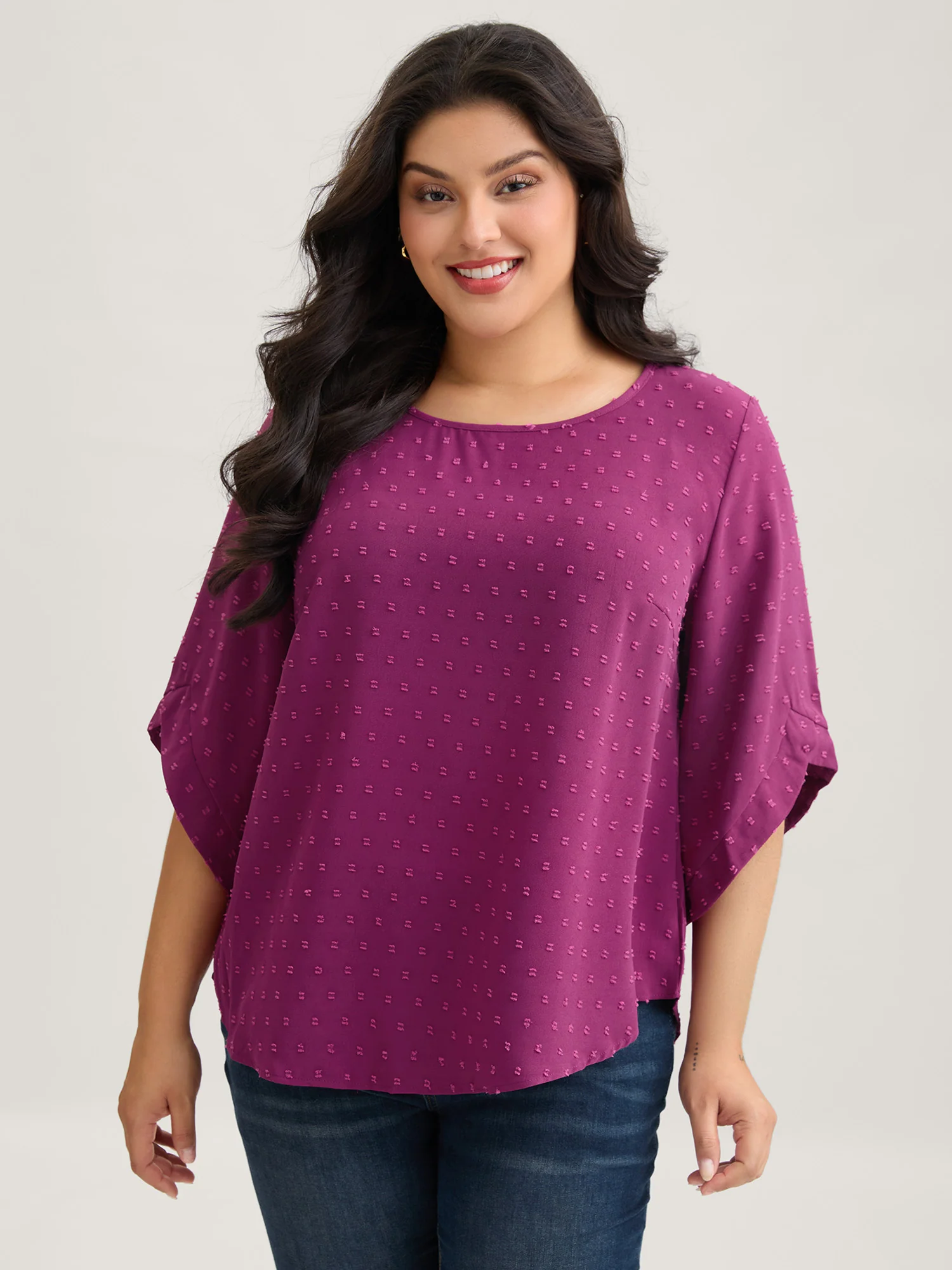 Textured Round Neck Bell Sleeve Blouse - Image 11