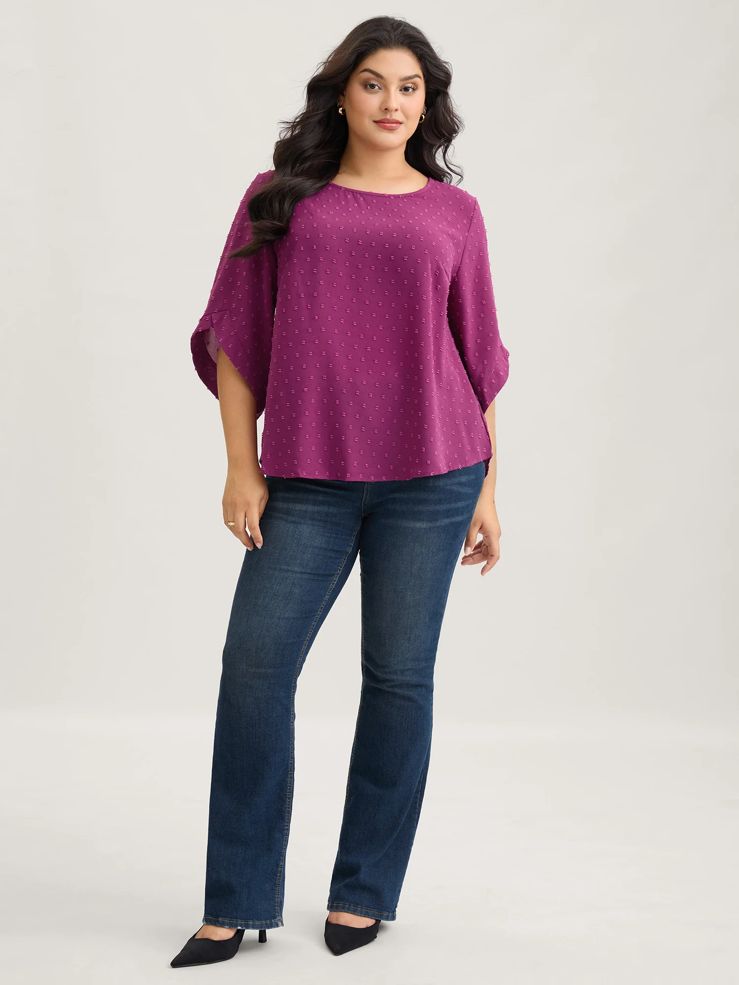Textured Round Neck Bell Sleeve Blouse - Image 13