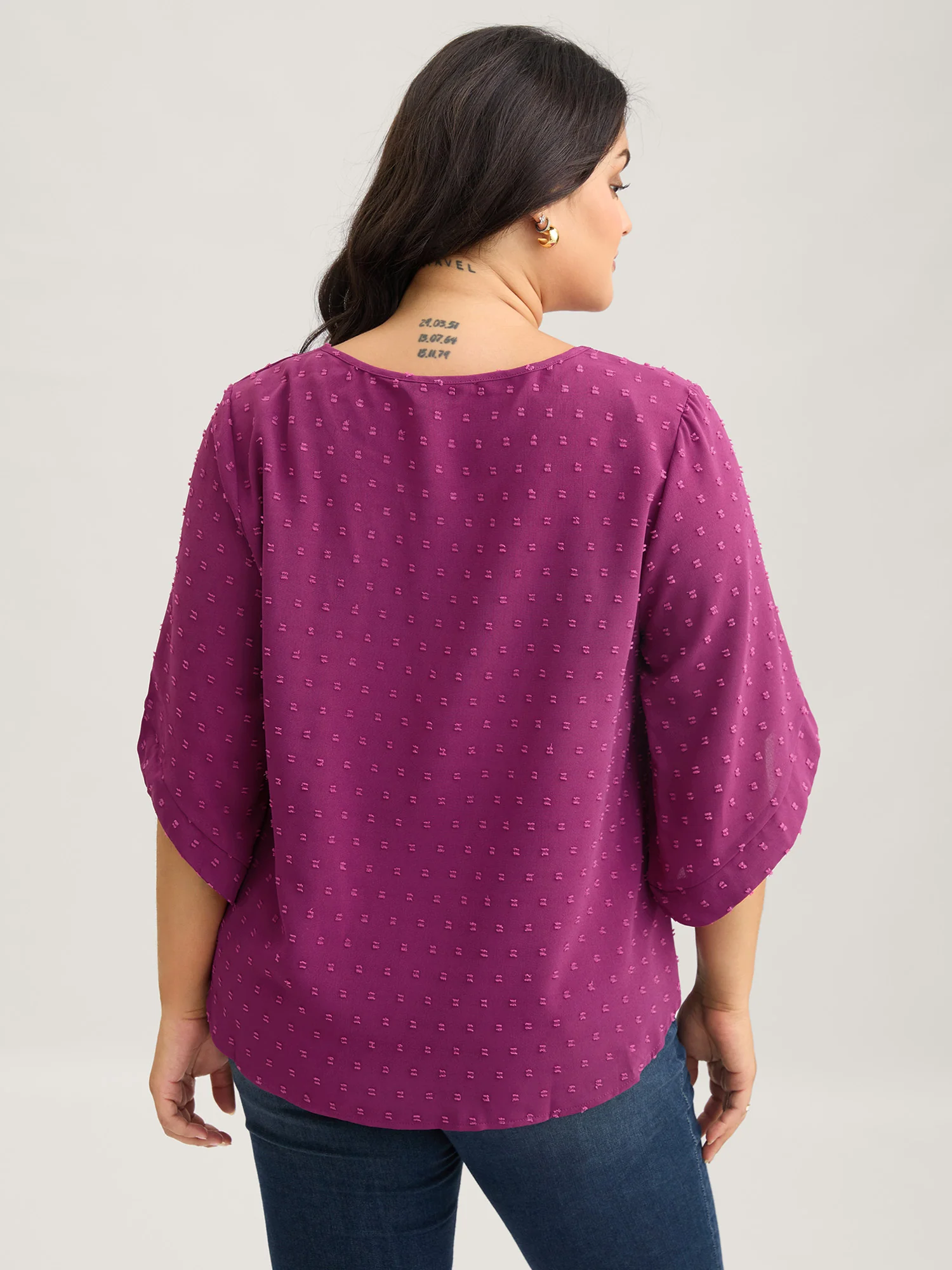 Textured Round Neck Bell Sleeve Blouse - Image 14