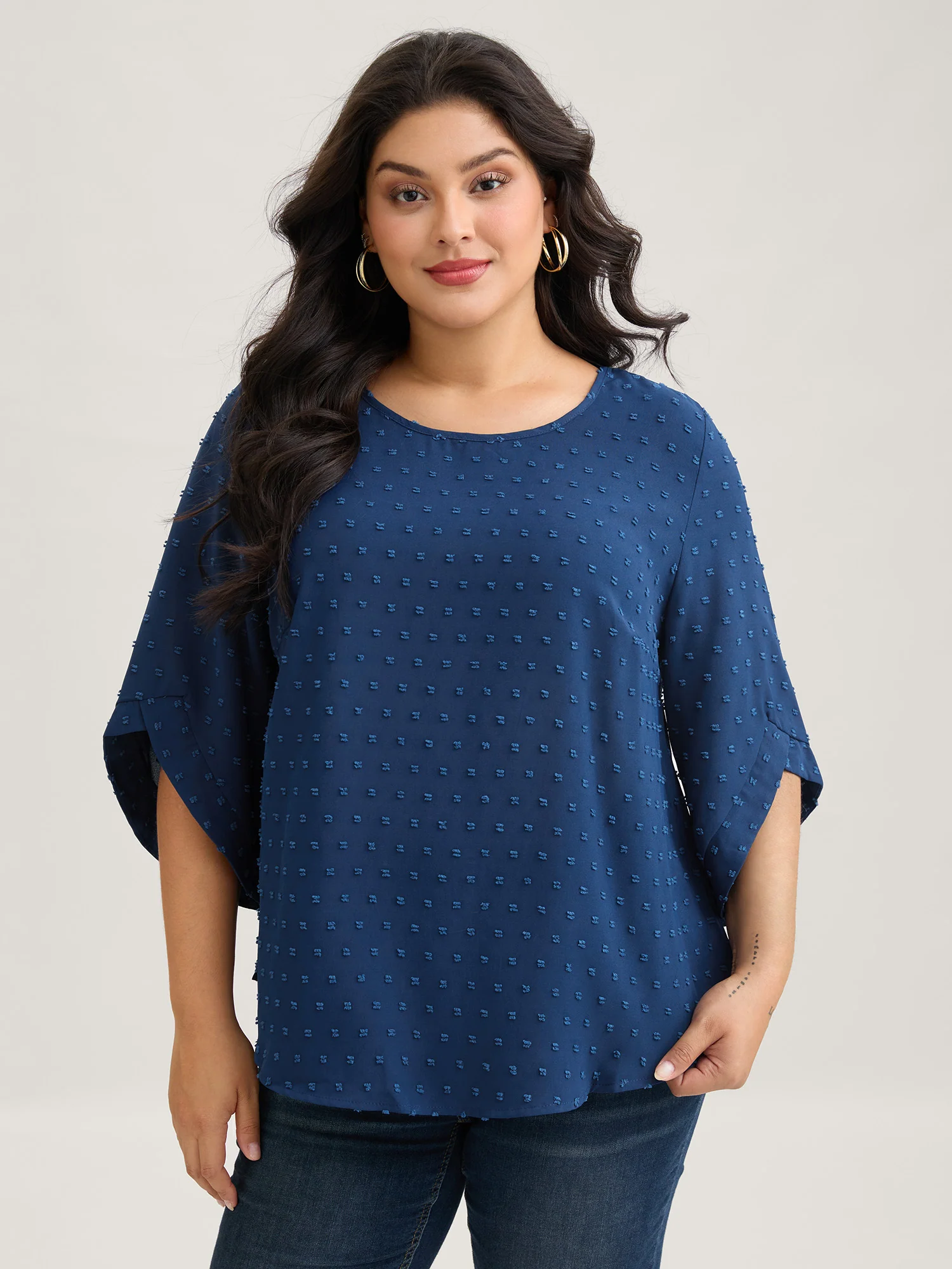 Textured Round Neck Bell Sleeve Blouse - Image 15