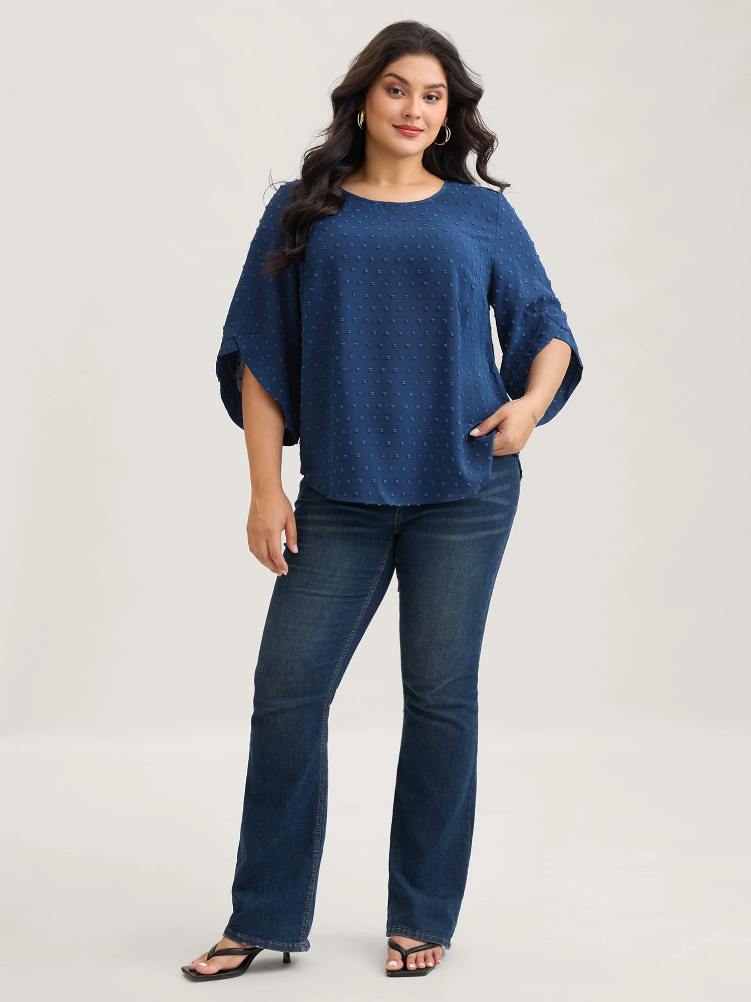 Textured Round Neck Bell Sleeve Blouse - Image 17