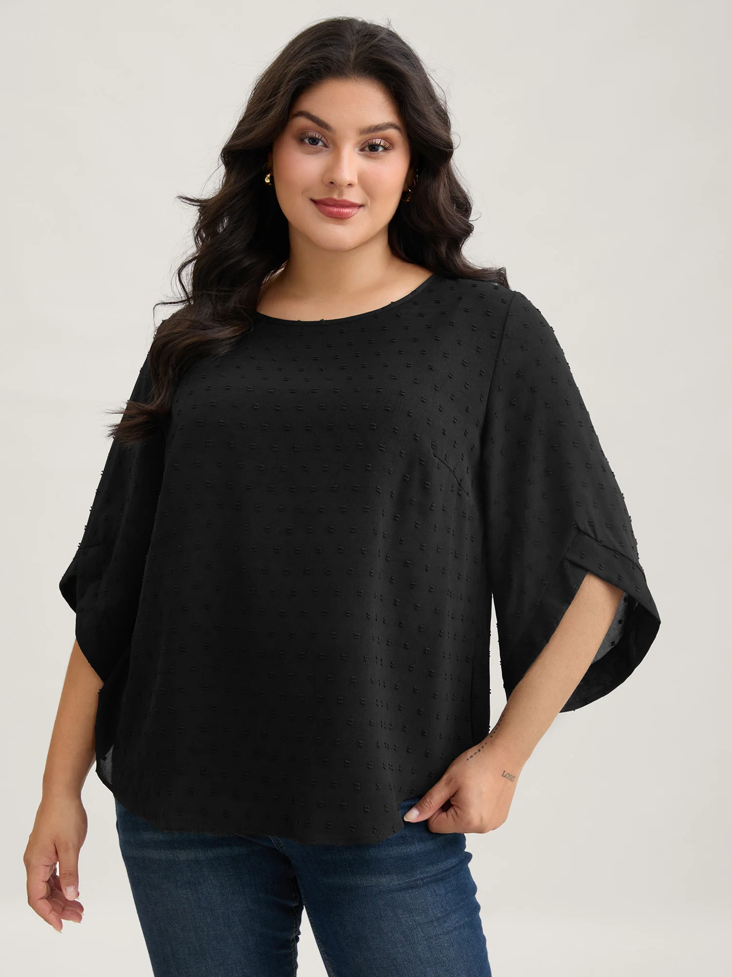 Textured Round Neck Bell Sleeve Blouse - Image 19