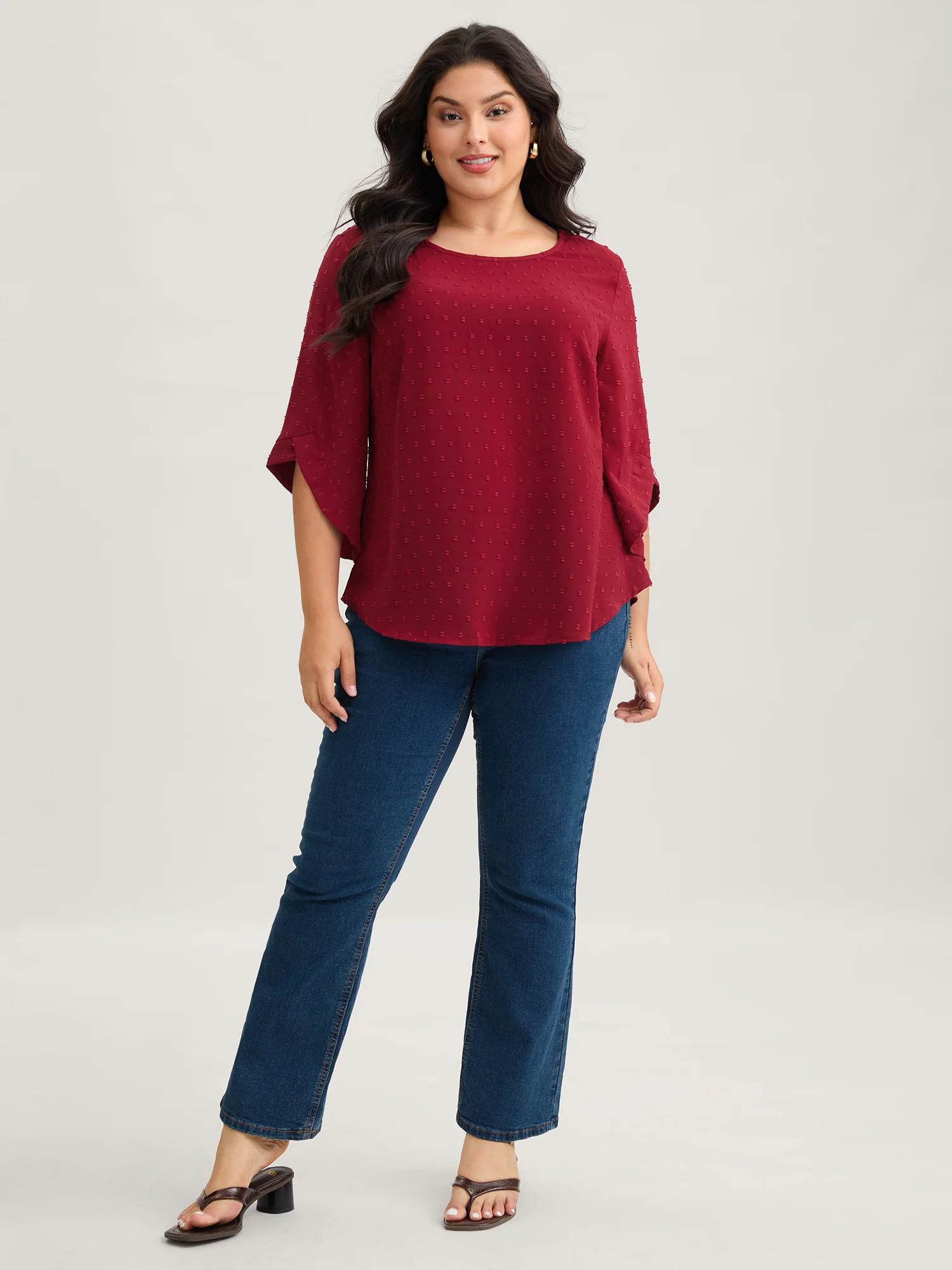 Textured Round Neck Bell Sleeve Blouse - Image 2