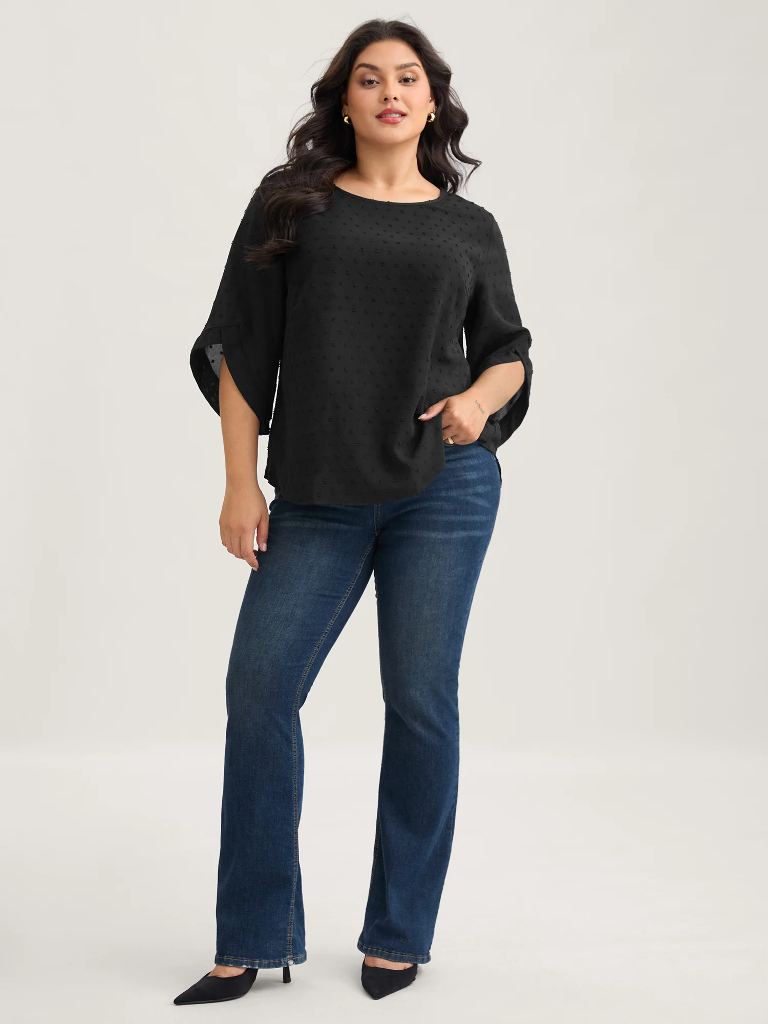 Textured Round Neck Bell Sleeve Blouse - Image 21