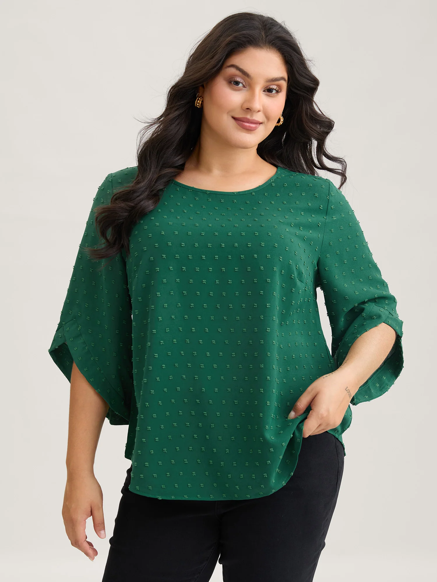 Textured Round Neck Bell Sleeve Blouse - Image 23