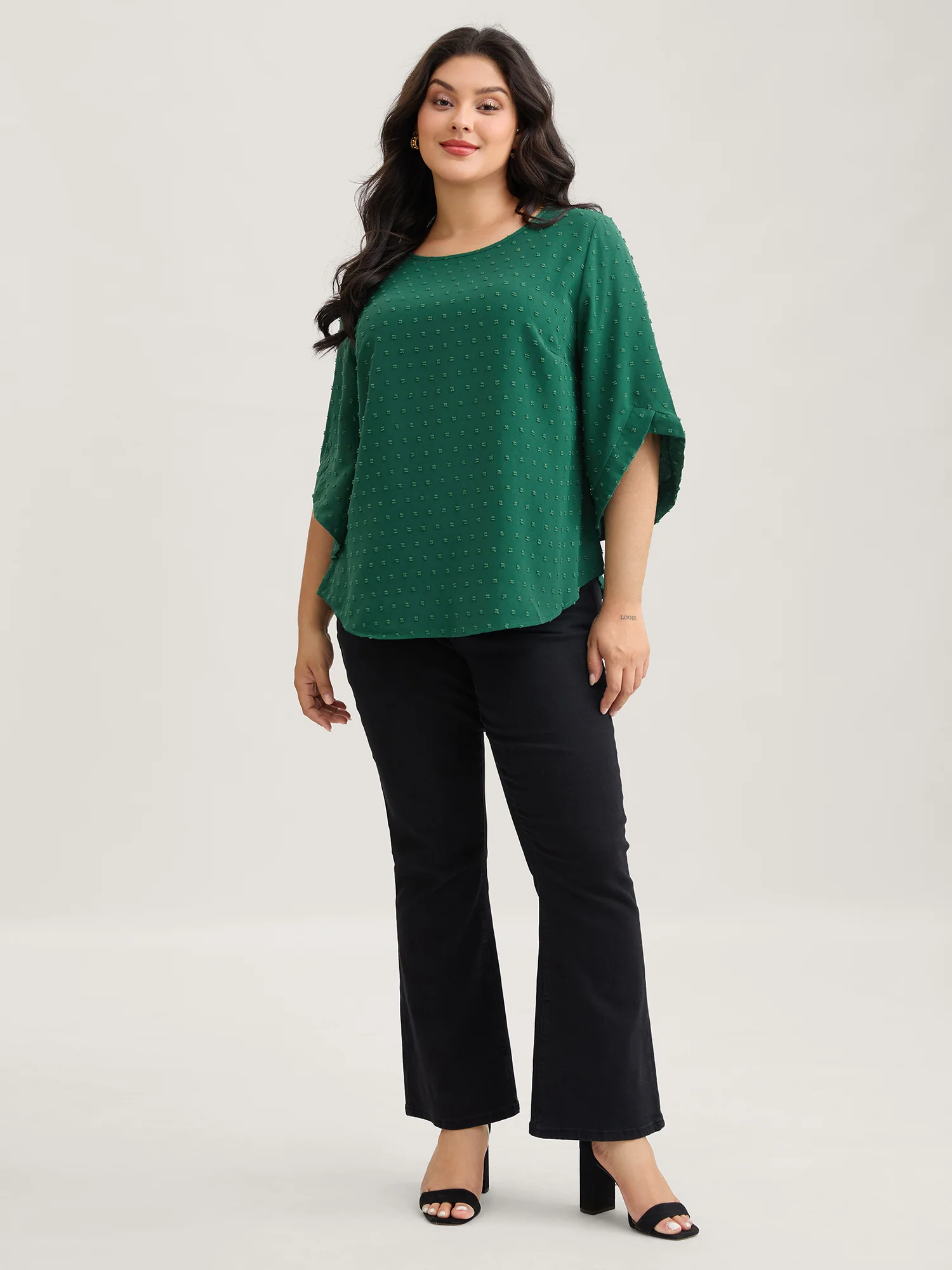 Textured Round Neck Bell Sleeve Blouse - Image 24