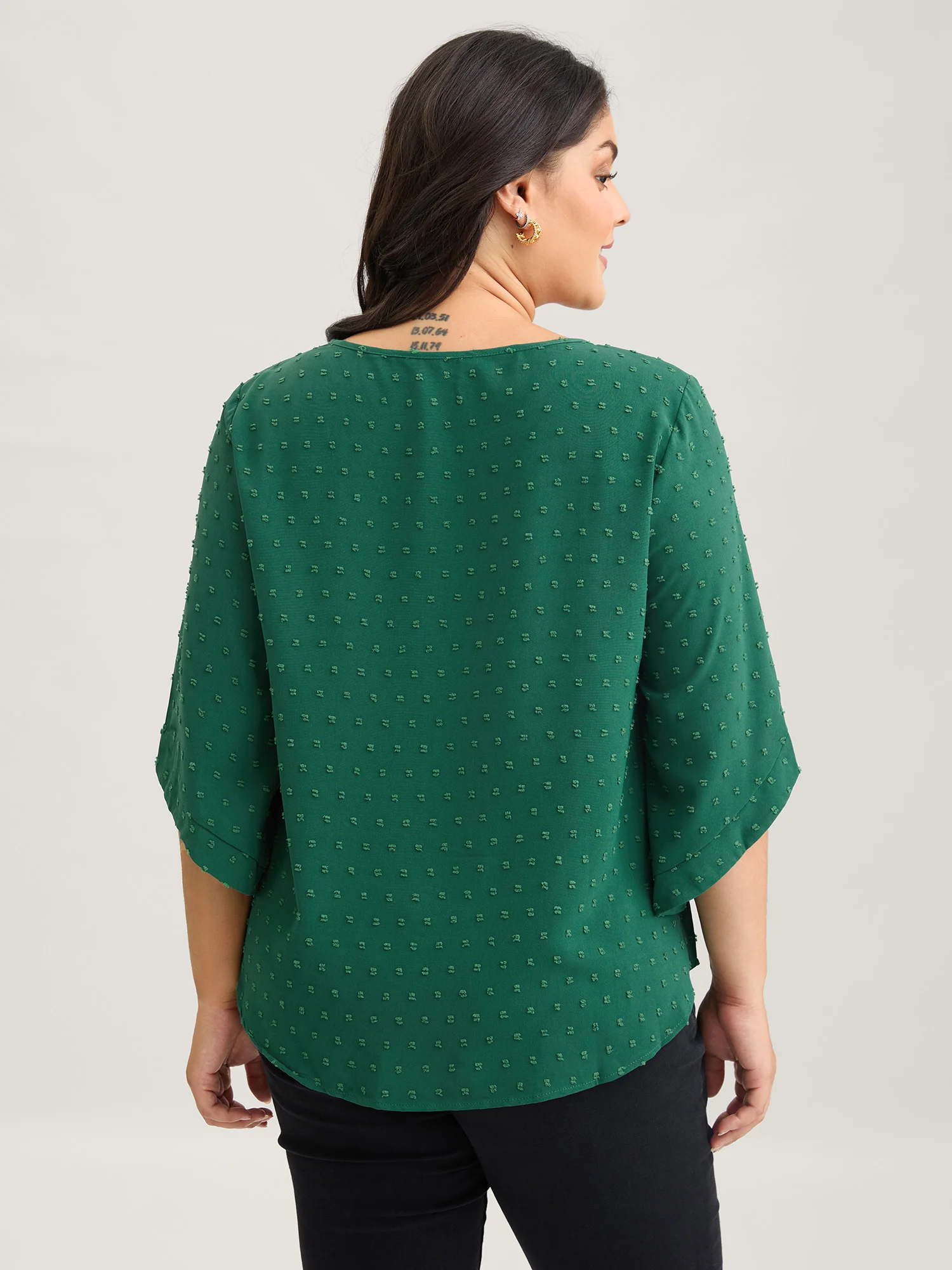 Textured Round Neck Bell Sleeve Blouse - Image 25