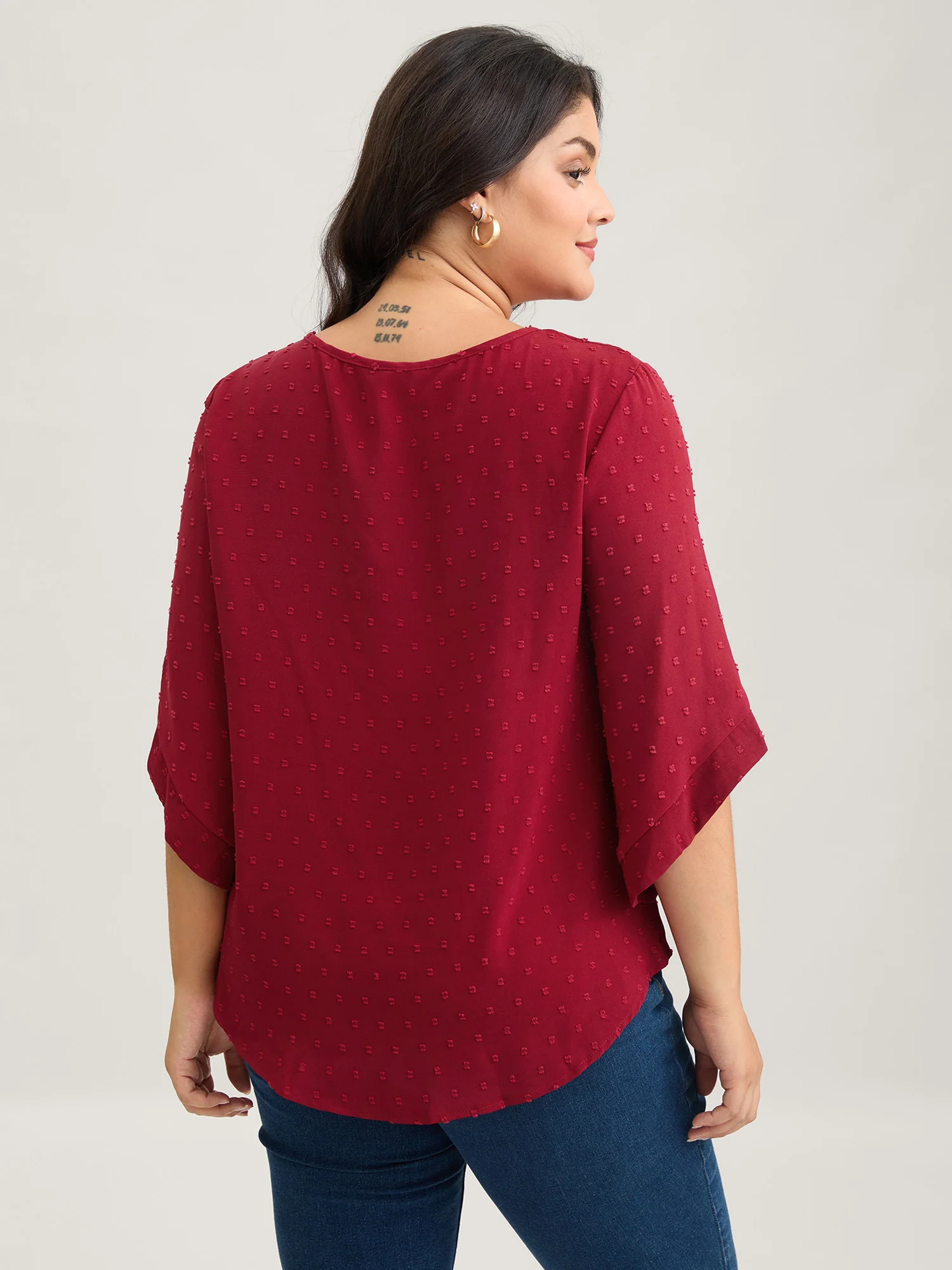 Textured Round Neck Bell Sleeve Blouse - Image 3
