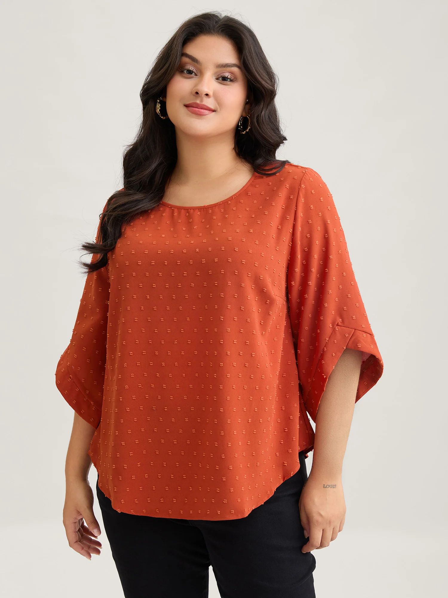 Textured Round Neck Bell Sleeve Blouse - Image 4