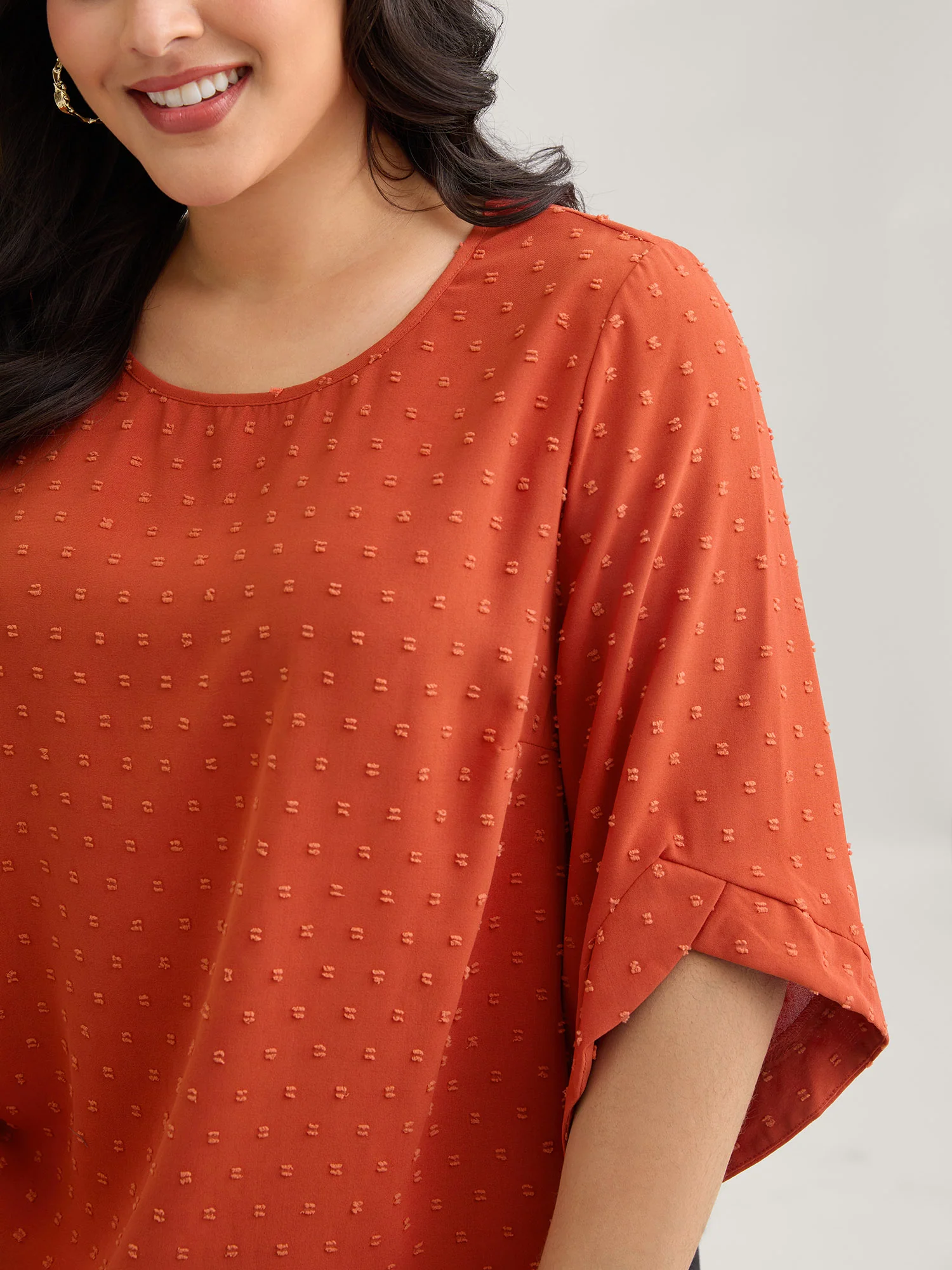 Textured Round Neck Bell Sleeve Blouse - Image 5