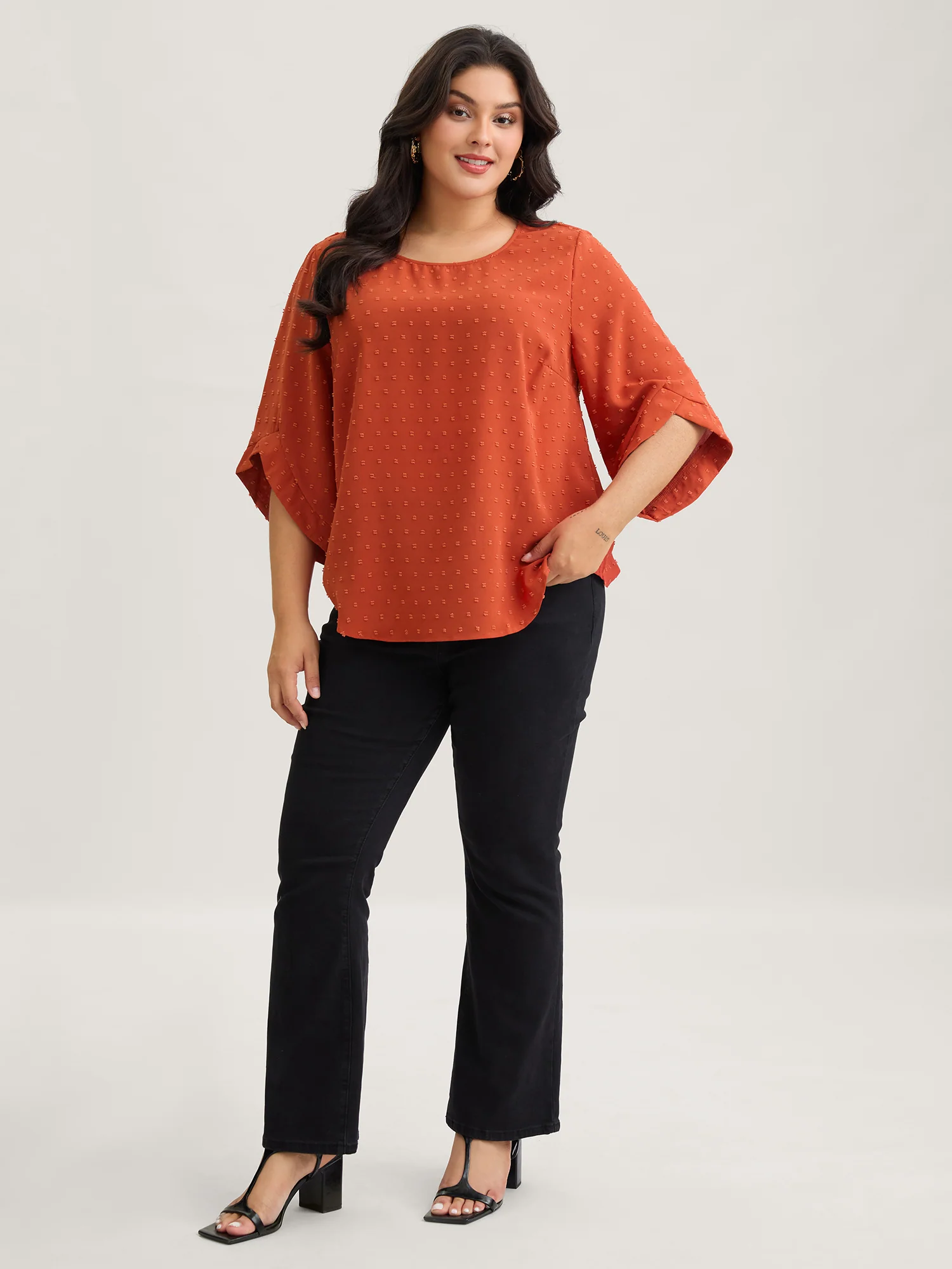 Textured Round Neck Bell Sleeve Blouse - Image 6