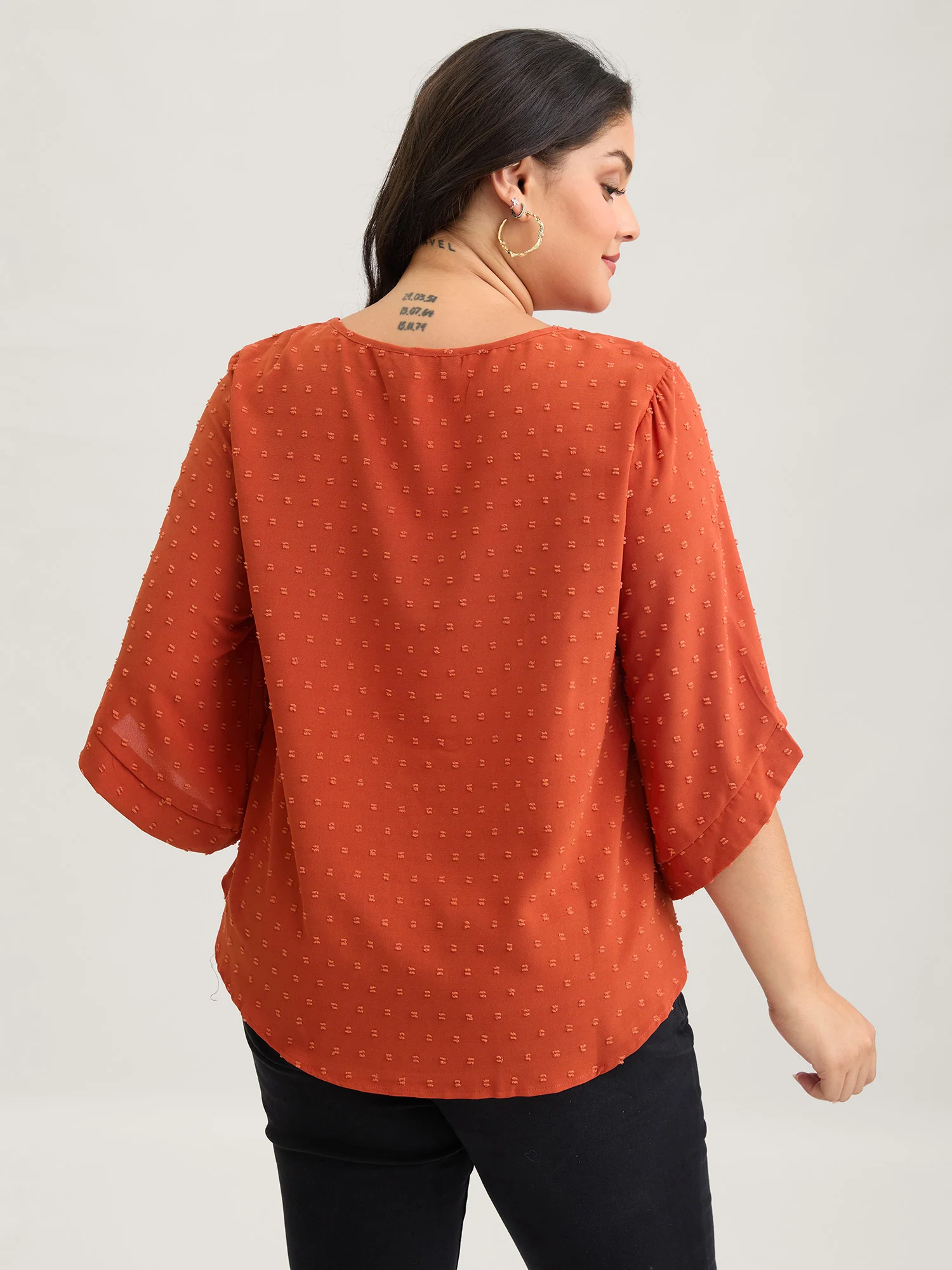 Textured Round Neck Bell Sleeve Blouse - Image 7