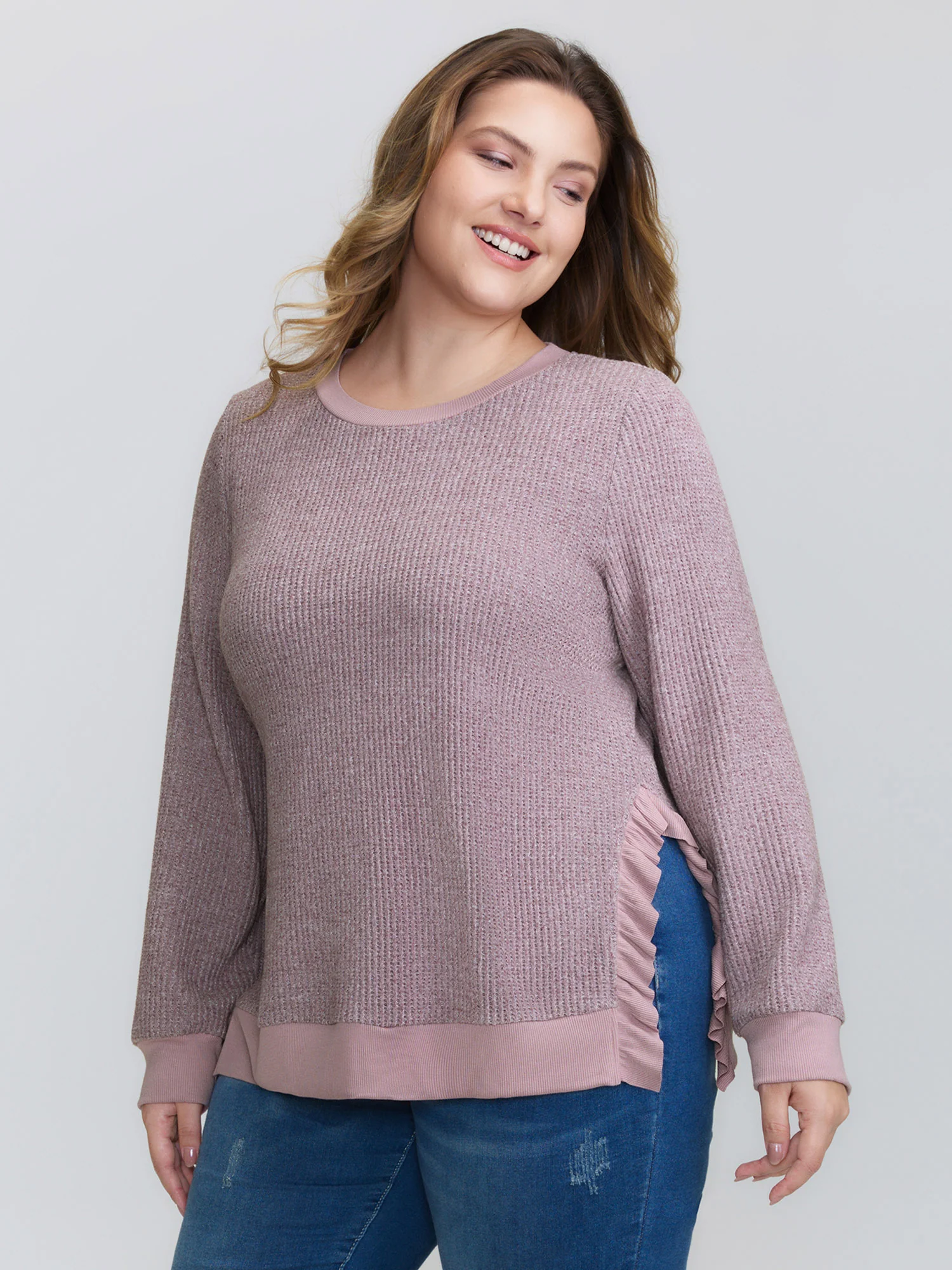 Textured Round Neck Ribbed Hem Sweatshirt