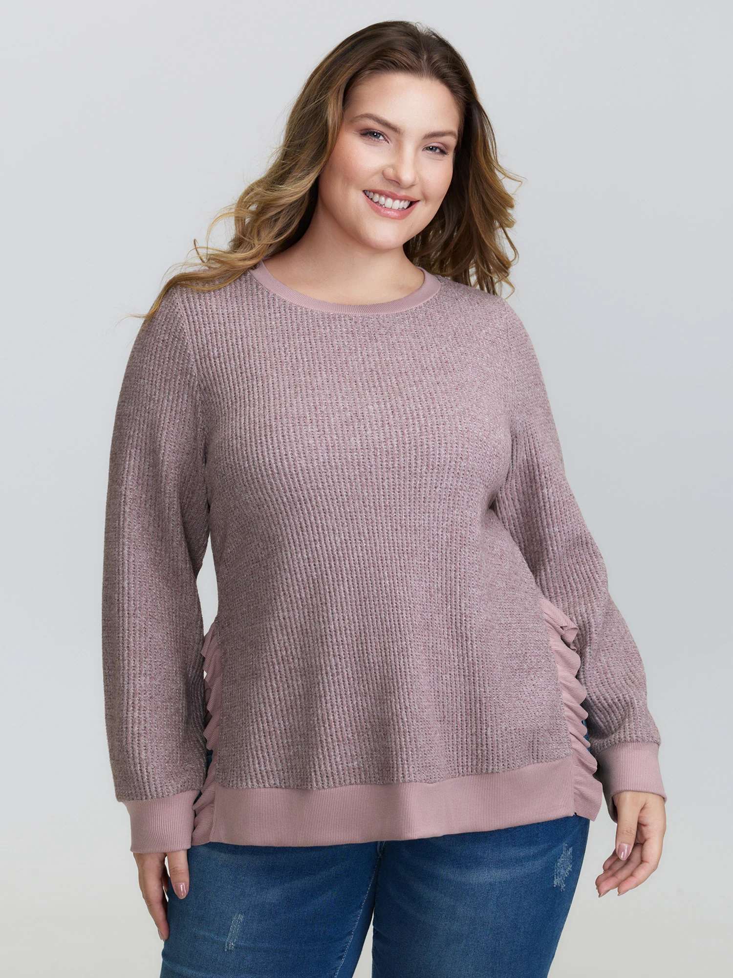 Textured Round Neck Ribbed Hem Sweatshirt - Image 3