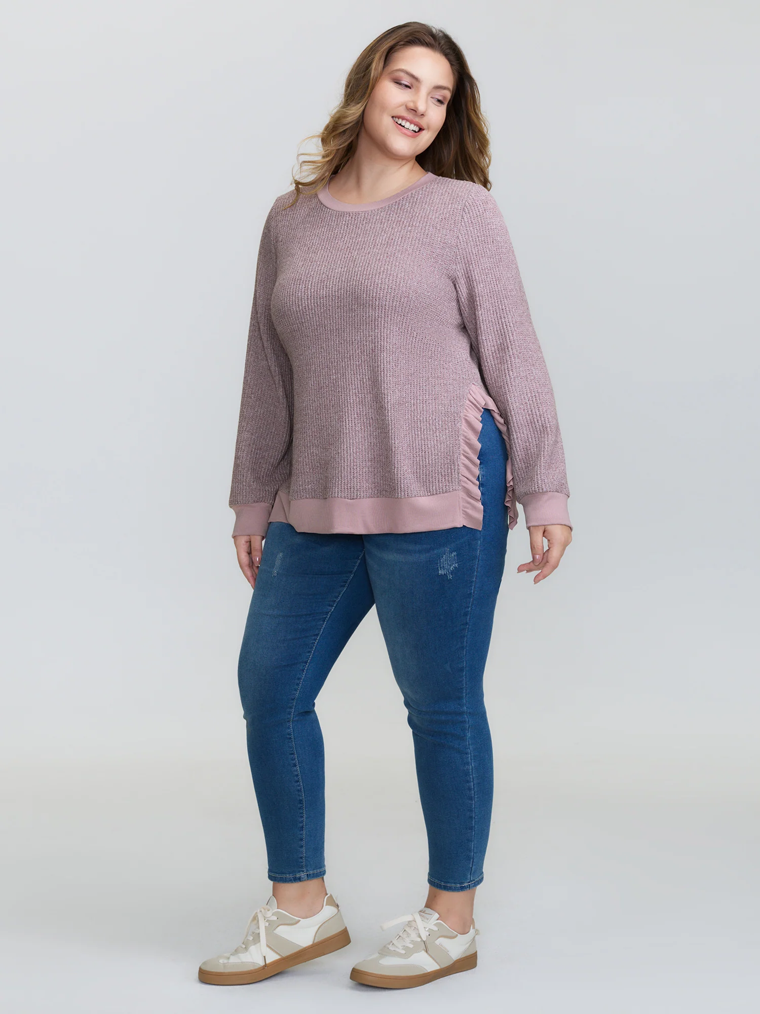 Textured Round Neck Ribbed Hem Sweatshirt - Image 4