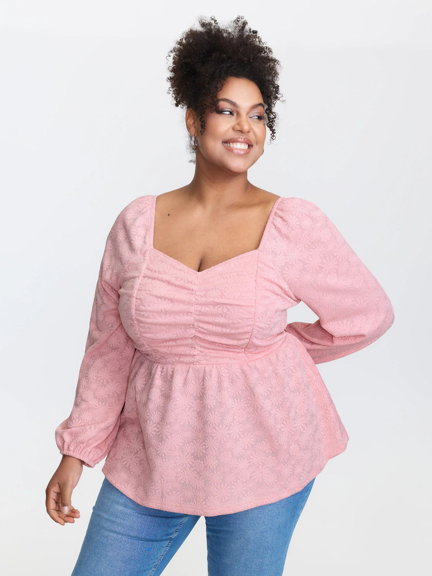 Textured Ruched Bodice Sweetheart Knit Top - Image 3