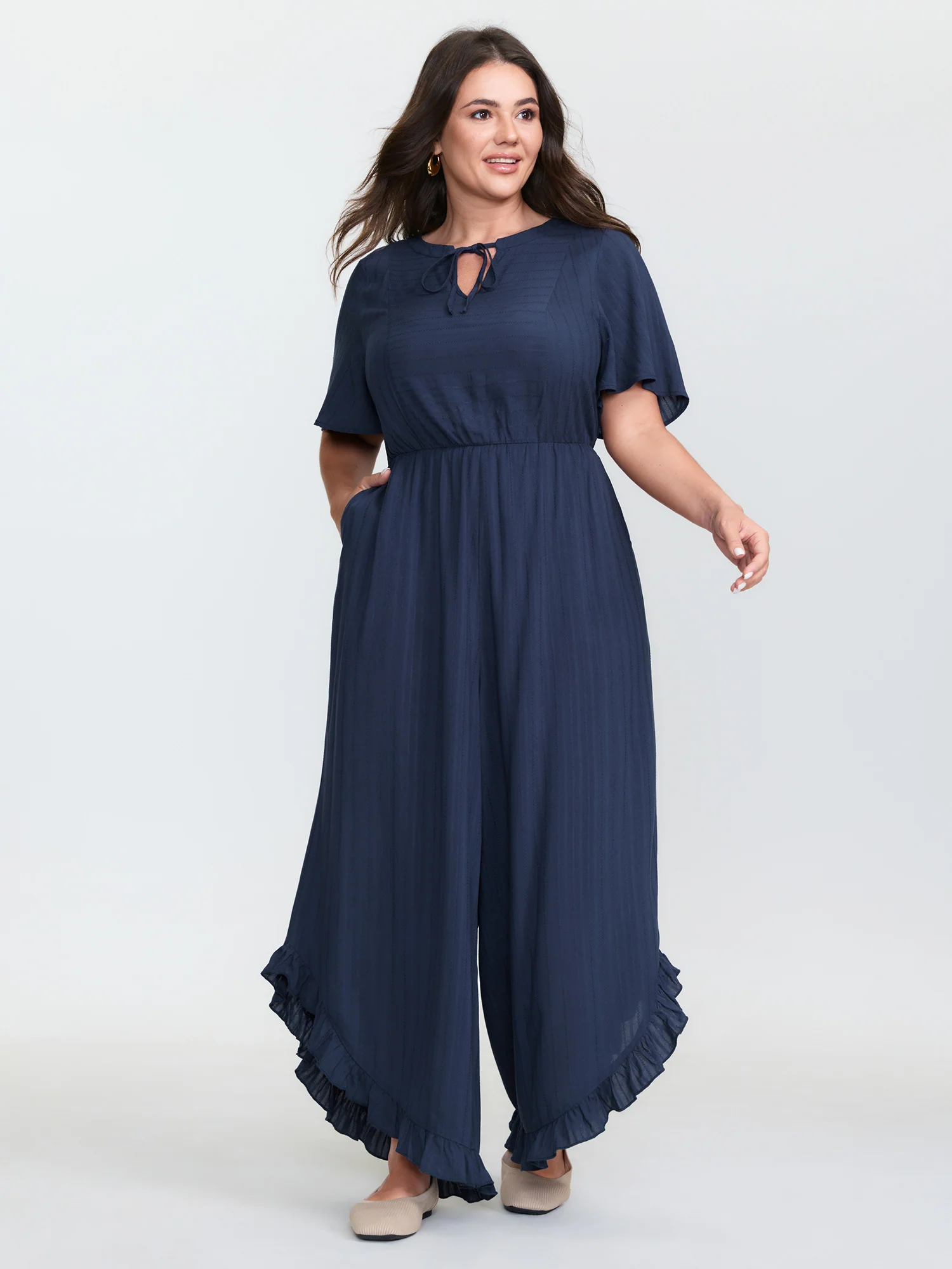 Textured Ruffled Backless Tie Jumpsuit - Image 2