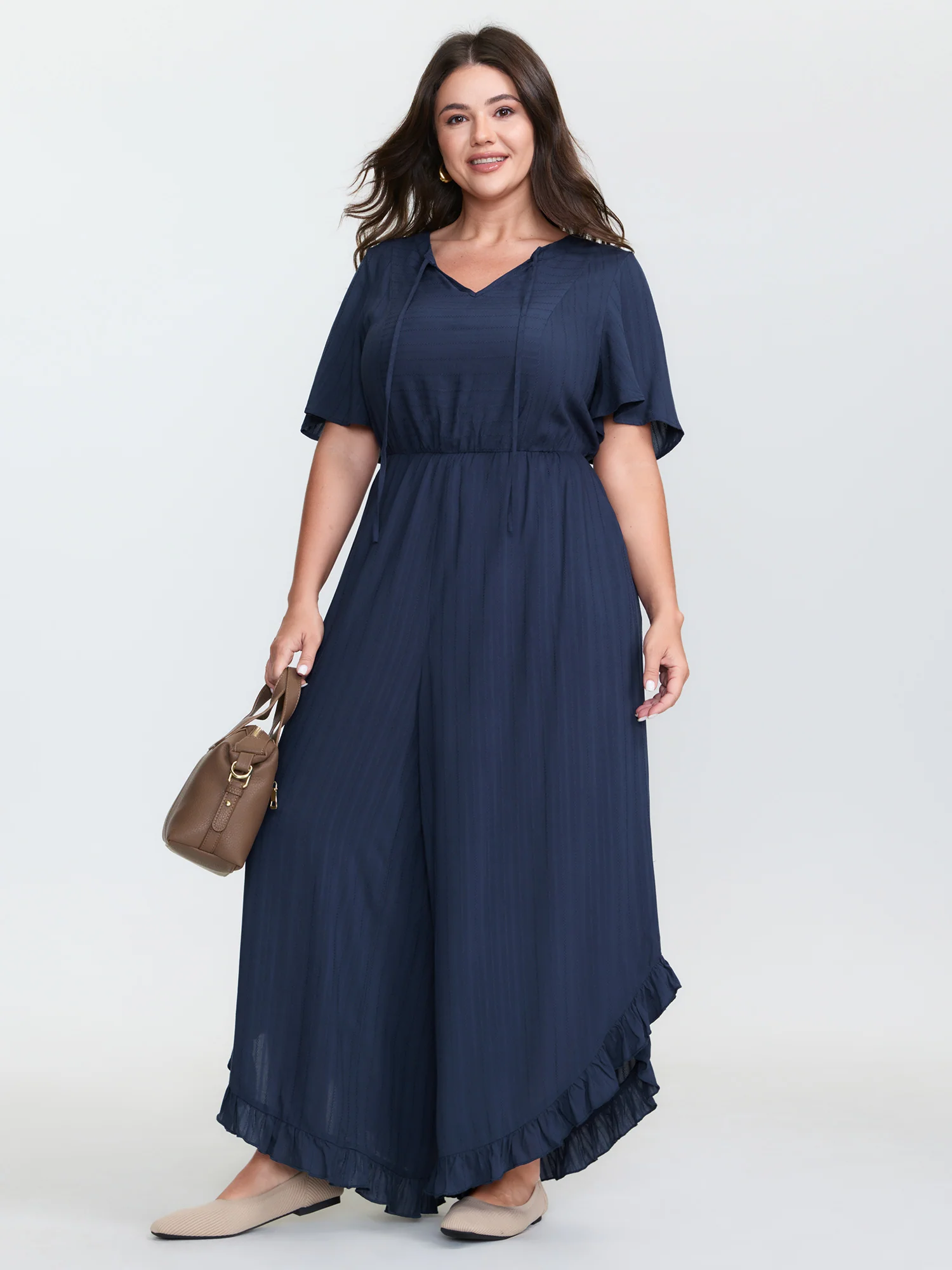 Textured Ruffled Backless Tie Jumpsuit - Image 3