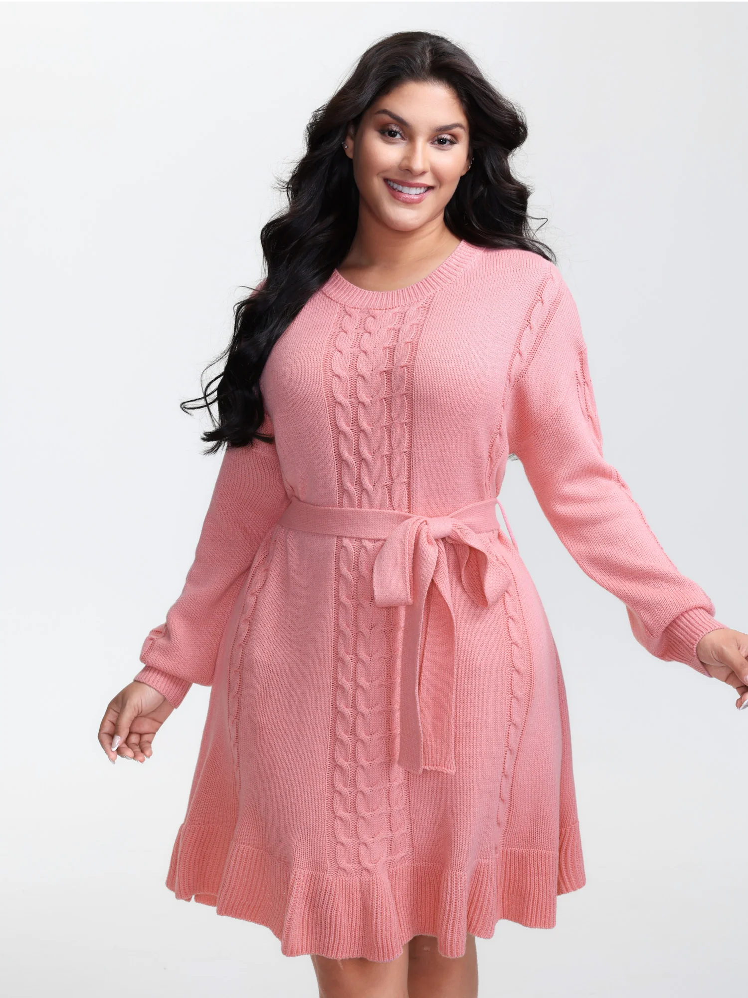 Textured Ruffled Hem Belted Knit Midi Dress