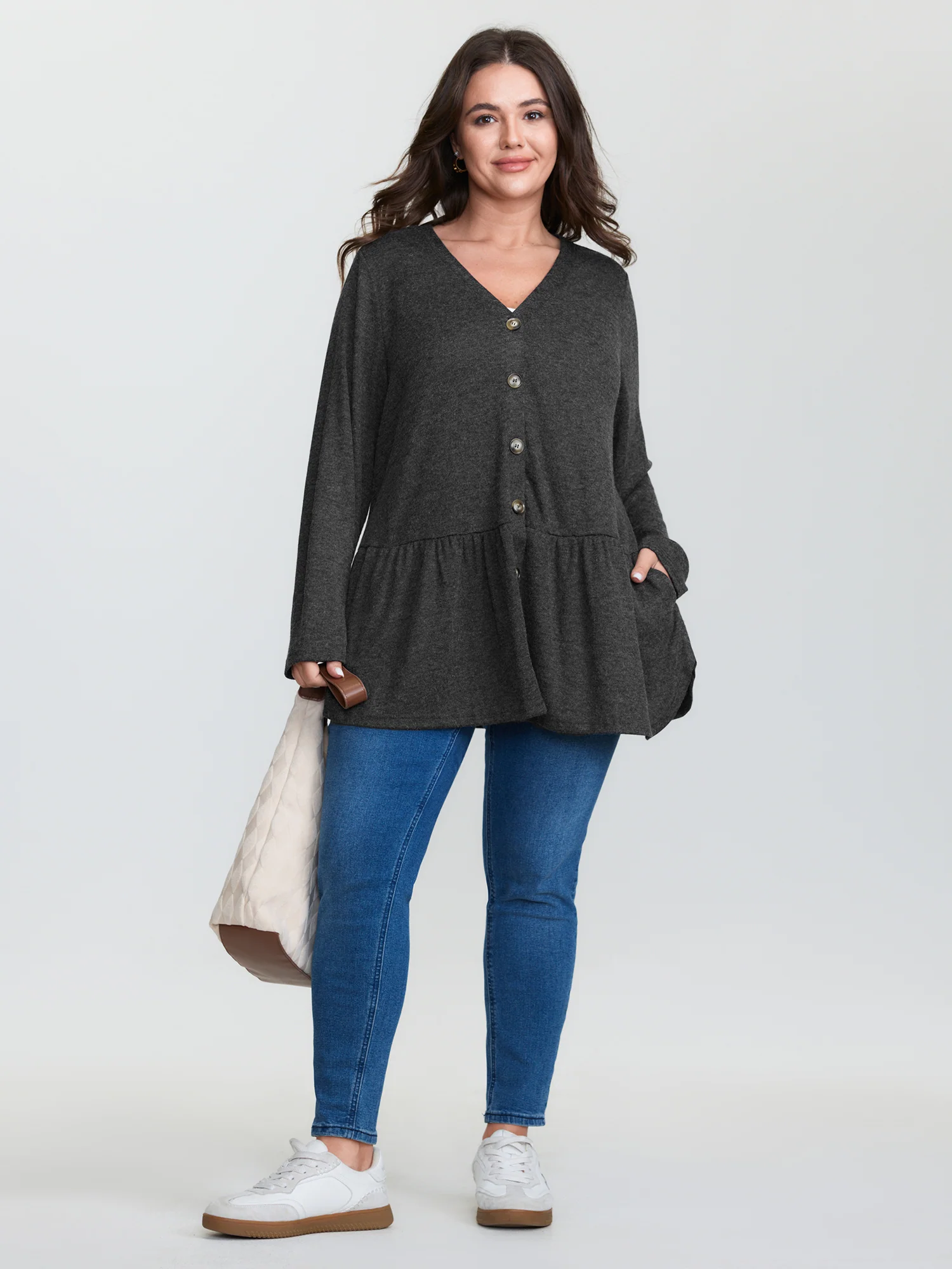 Textured Ruffled Hem Button Blouse - Image 3