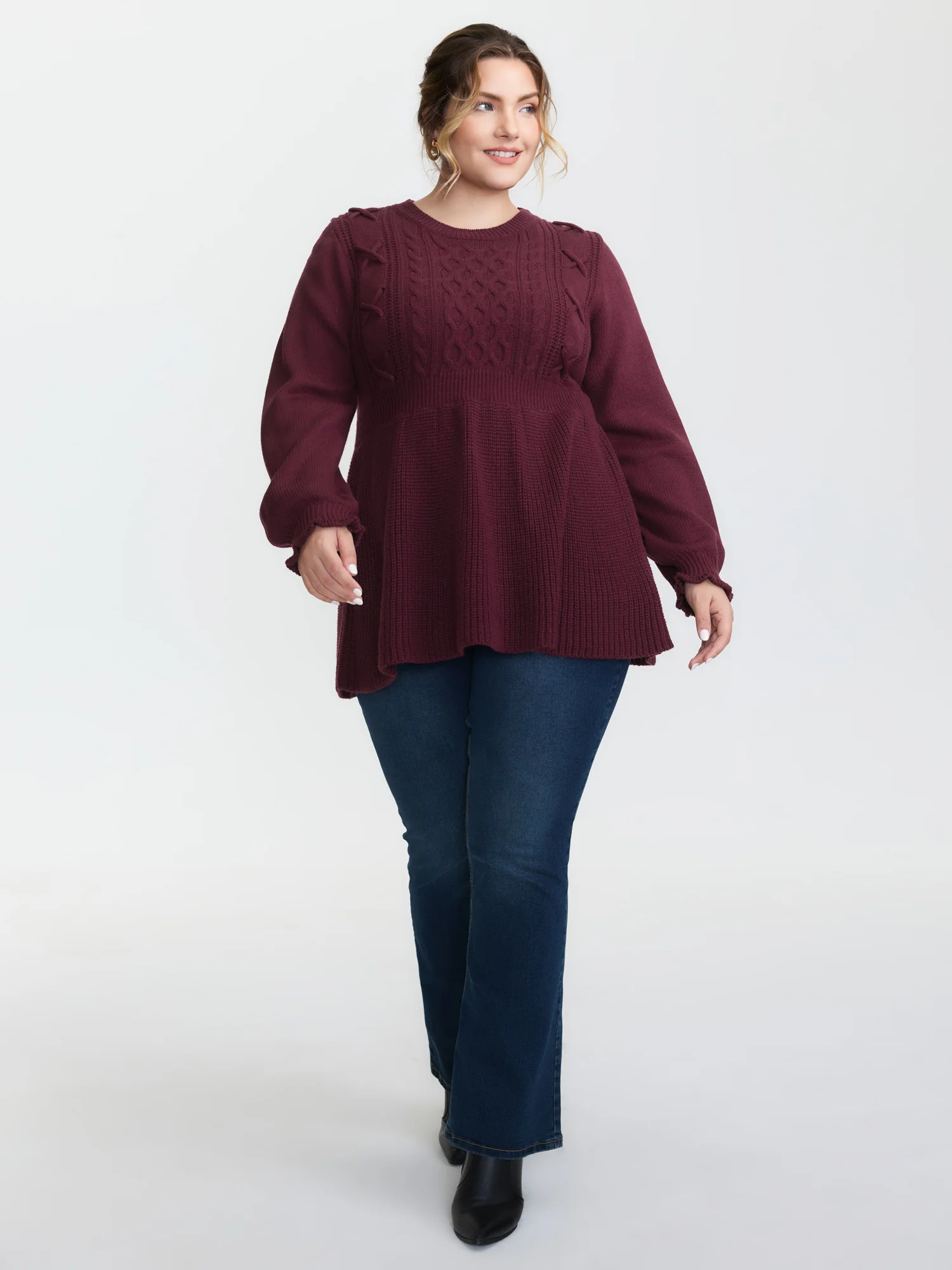 Textured Ruffled Lantern Sleeve Pullover - Image 3