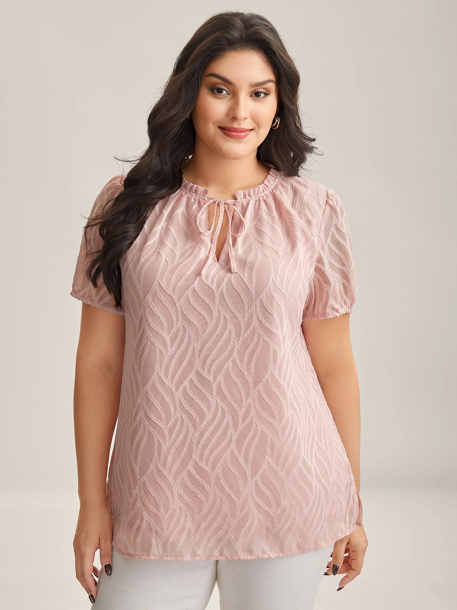 Textured Ruffled Neck A-Line Blouse - Image 2