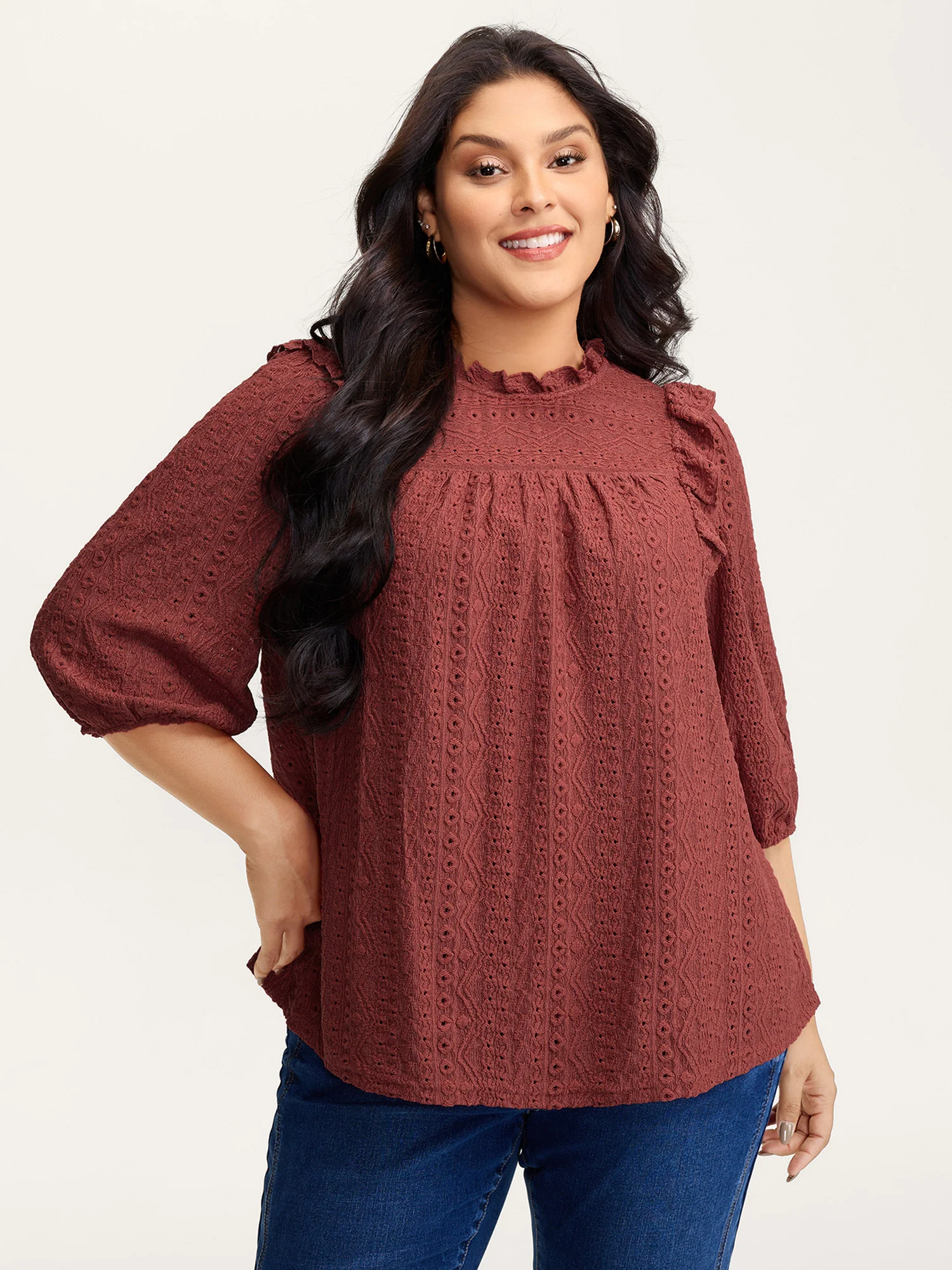Textured Ruffled Neck Pleated Blouse - Image 2
