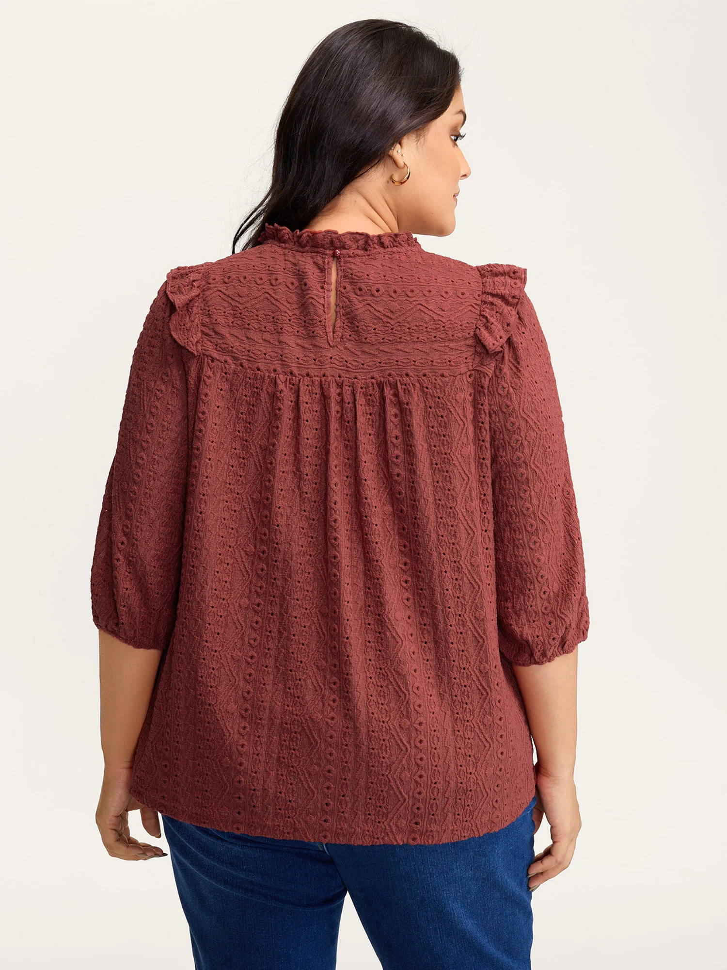 Textured Ruffled Neck Pleated Blouse - Image 4