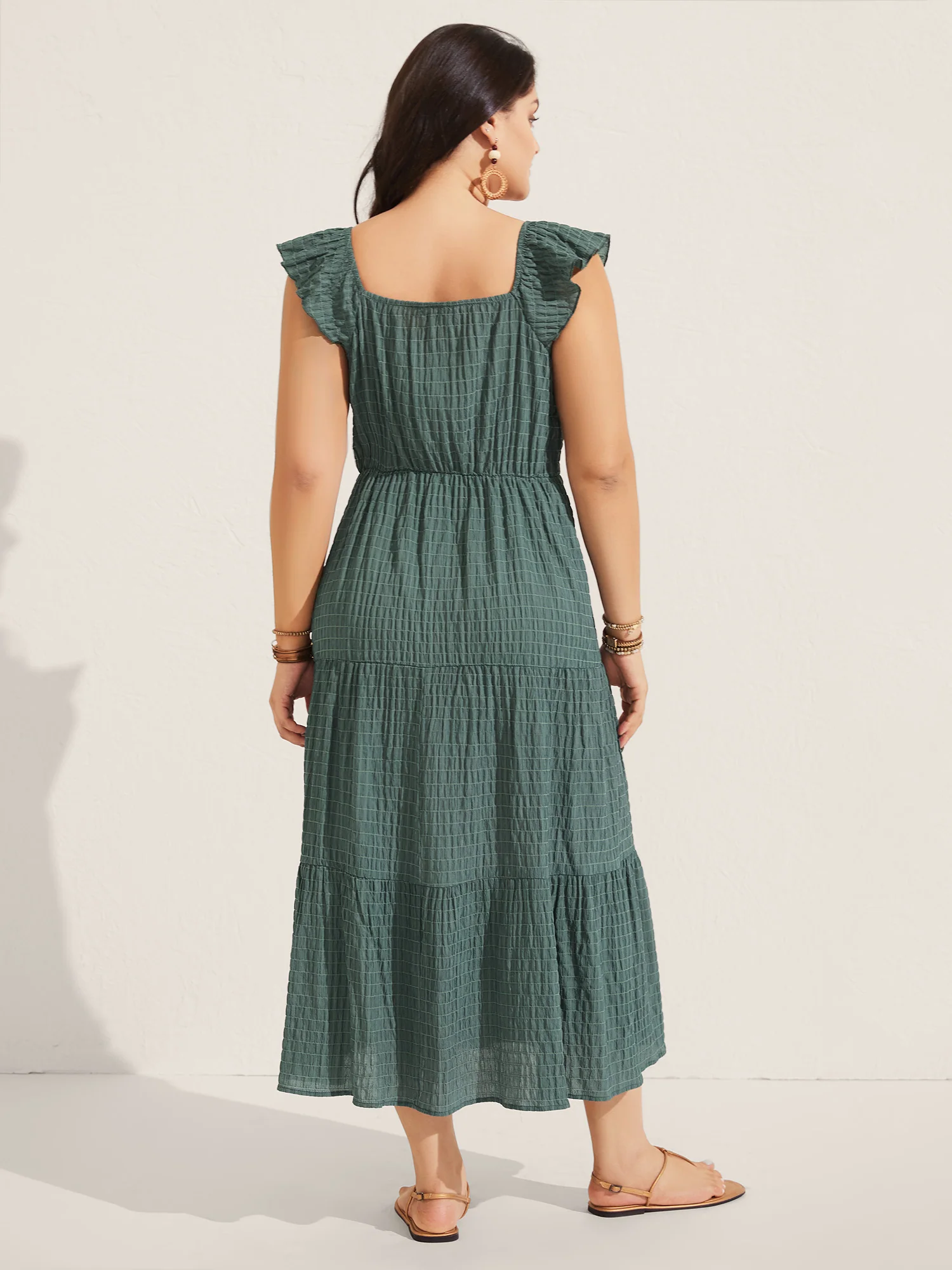 Textured Ruffled Neck Pockets Midi Dress - Image 4
