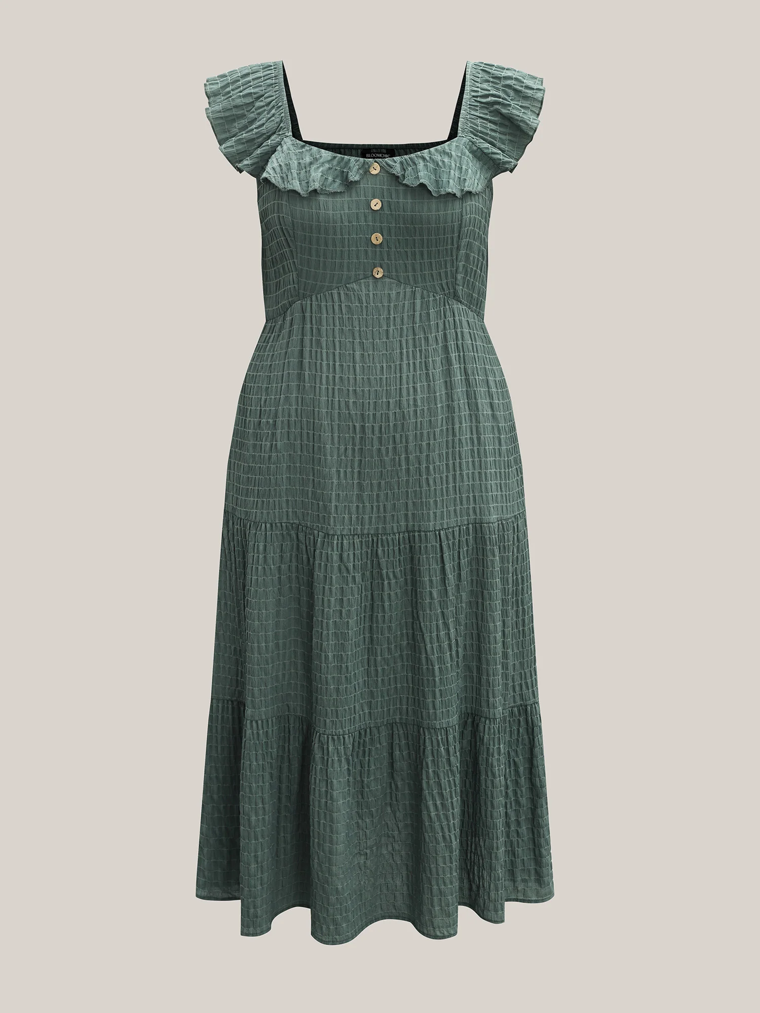 Textured Ruffled Neck Pockets Midi Dress - Image 5
