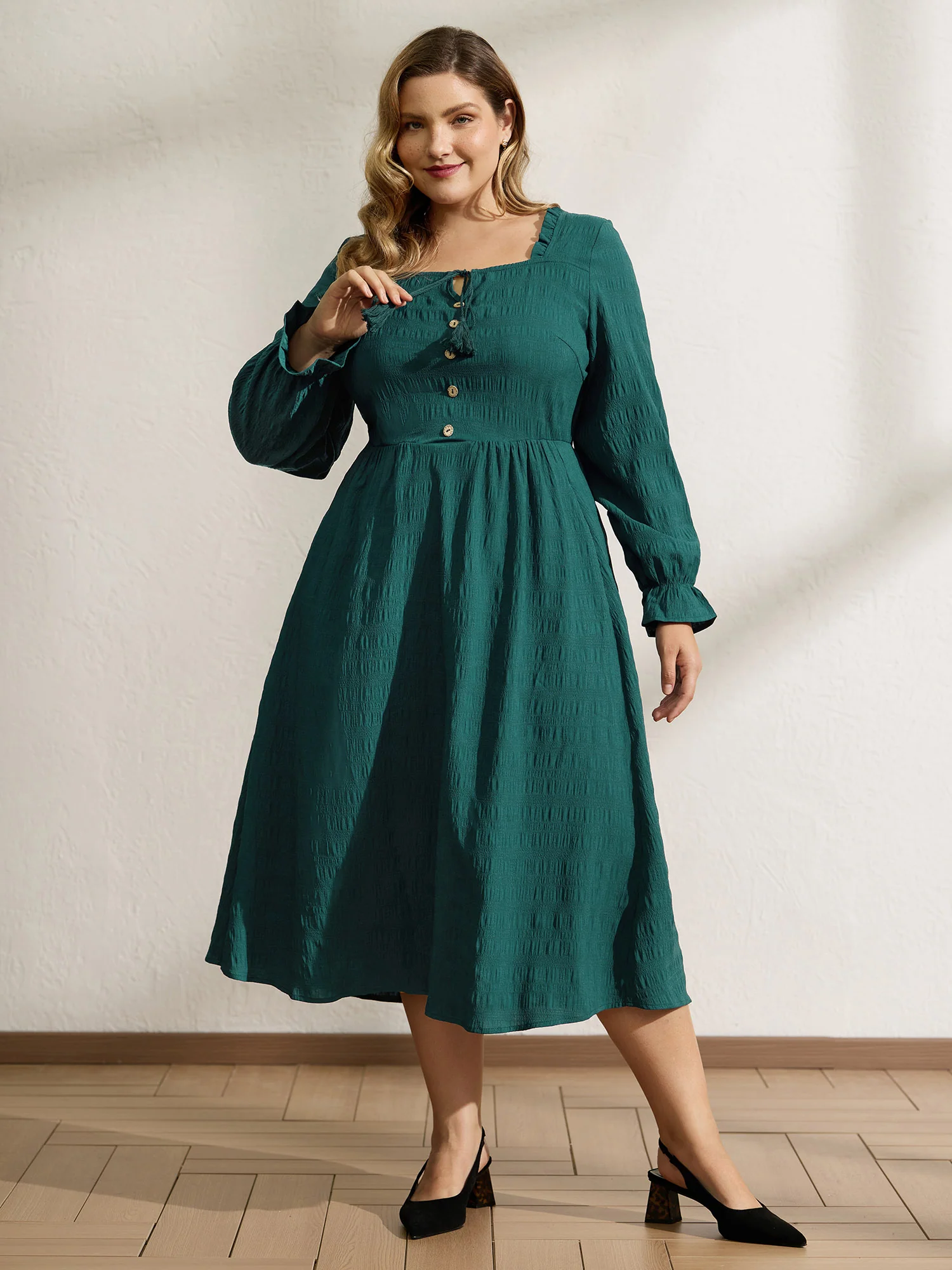 Textured Ruffled Neck Shirred Drawstring Midi Dress