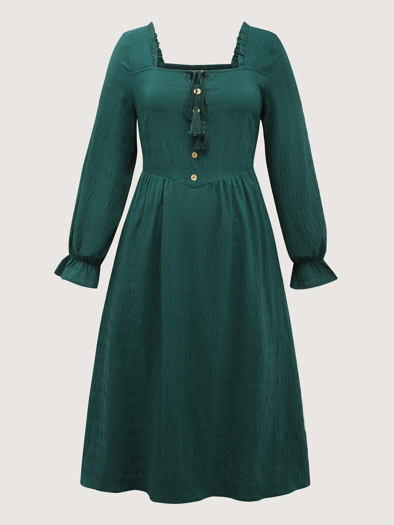 Textured Ruffled Neck Shirred Drawstring Midi Dress - Image 7