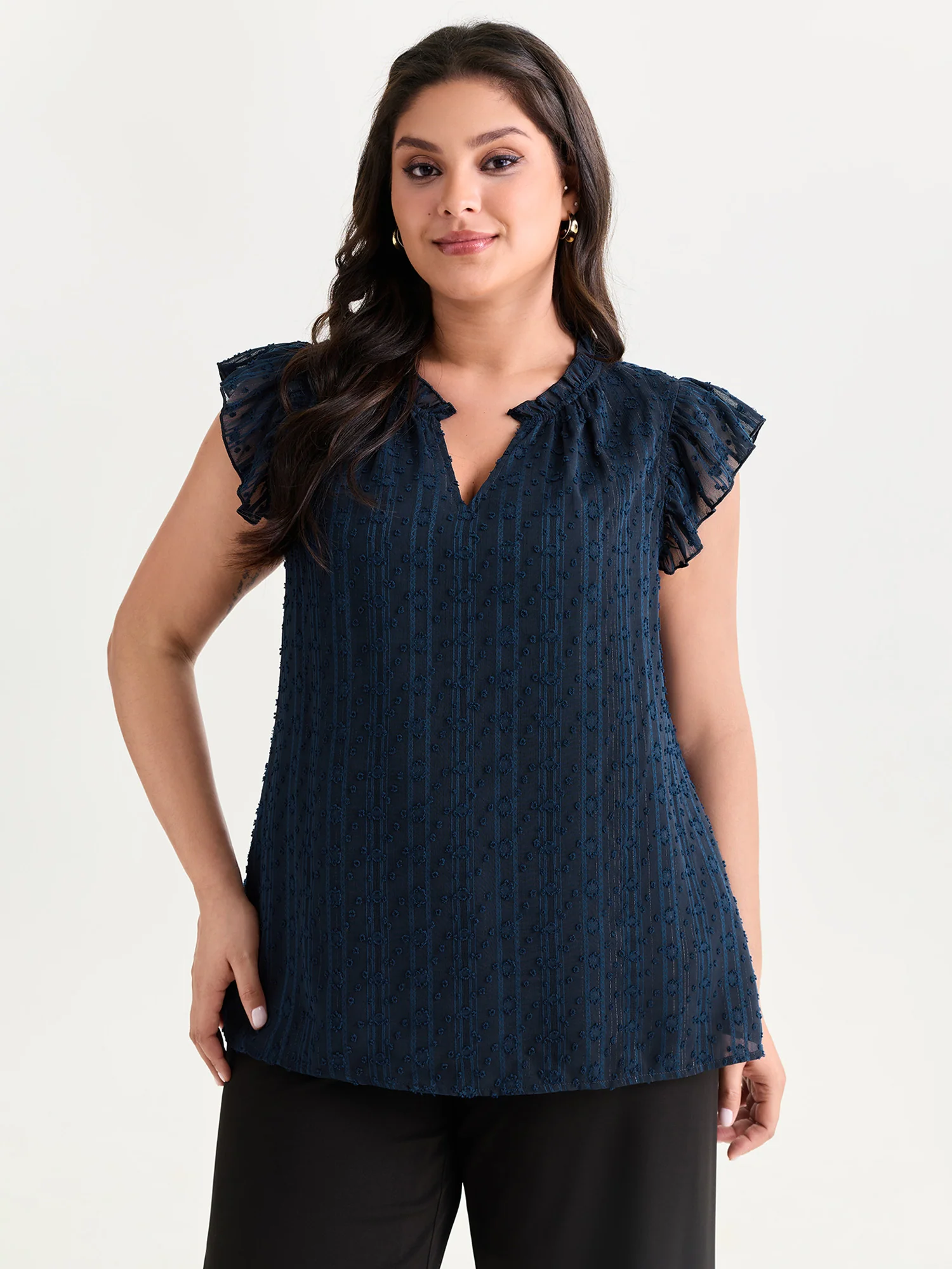 Textured Ruffled Notched Collar Blouse