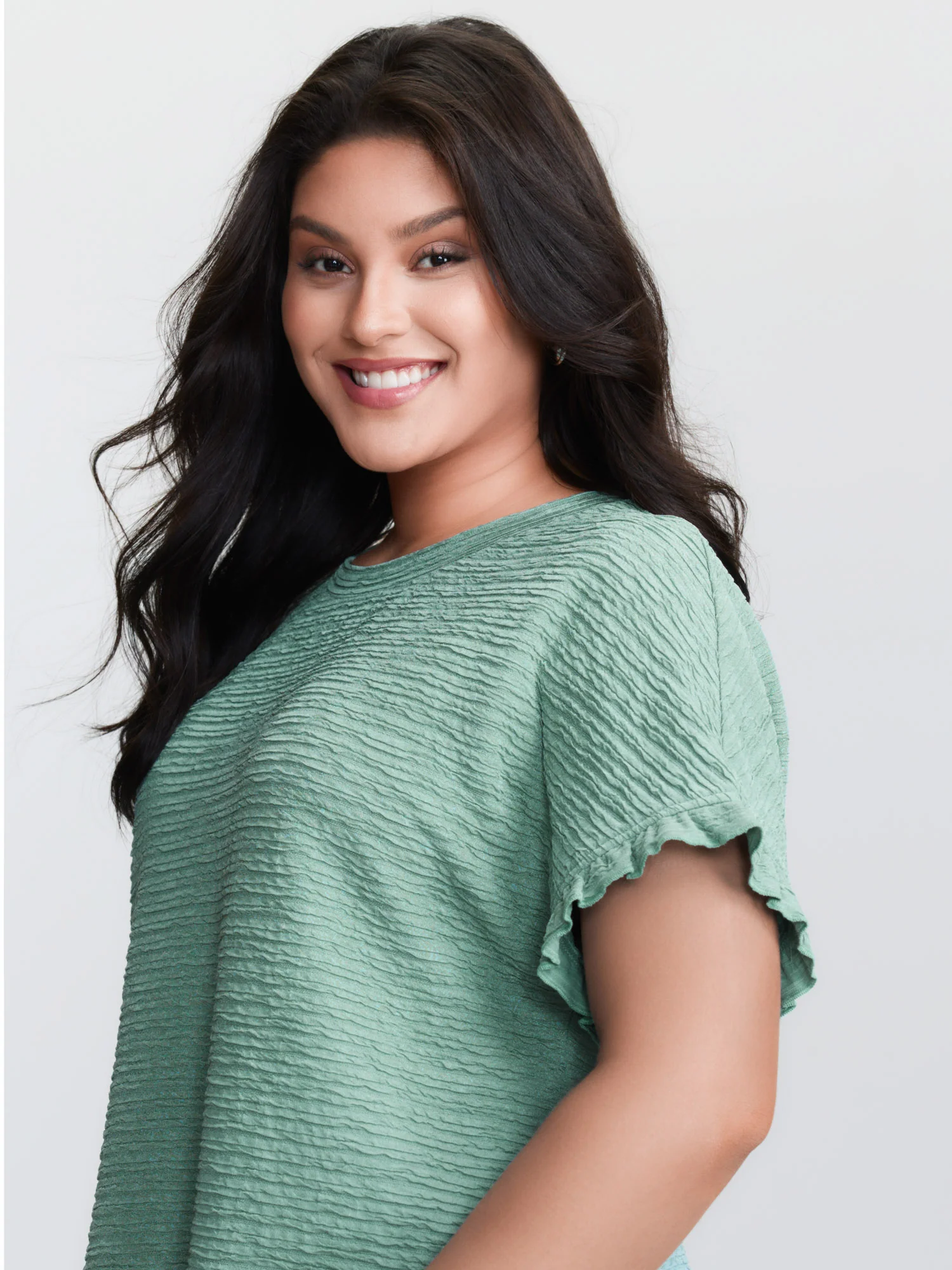 Textured Ruffled Sleeve Detail Plain T-Shirt - Image 2