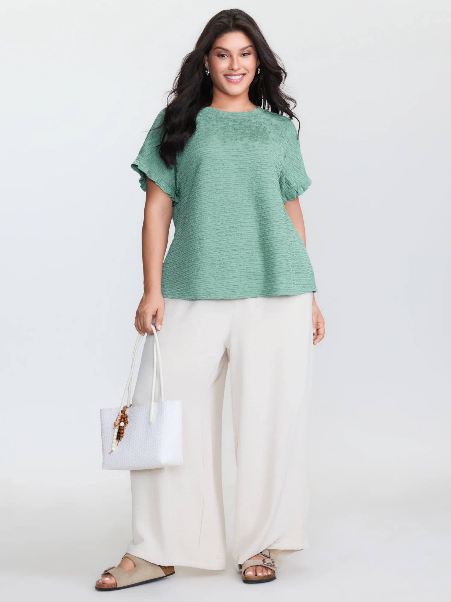 Textured Ruffled Sleeve Detail Plain T-Shirt - Image 3