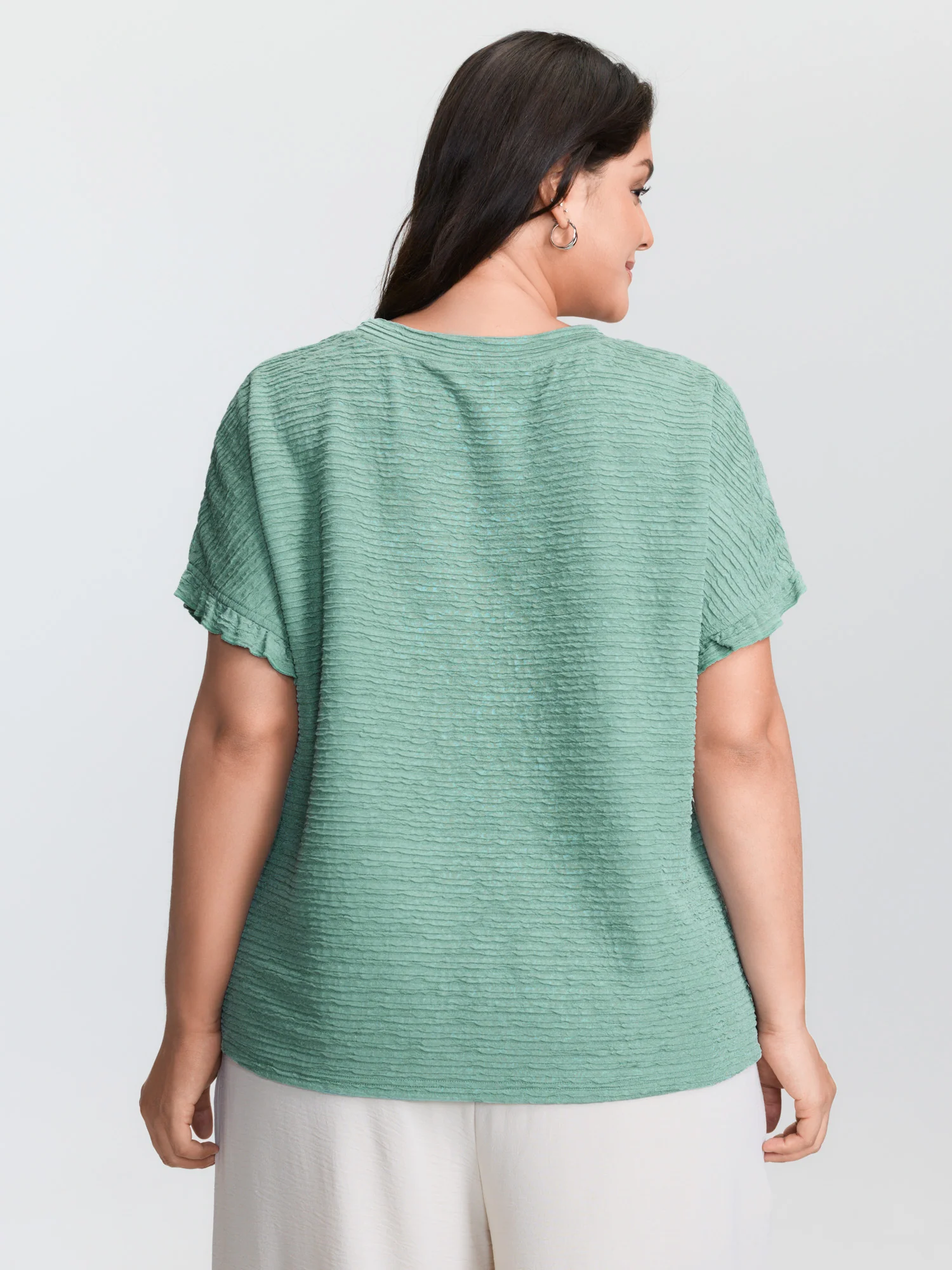 Textured Ruffled Sleeve Detail Plain T-Shirt - Image 4
