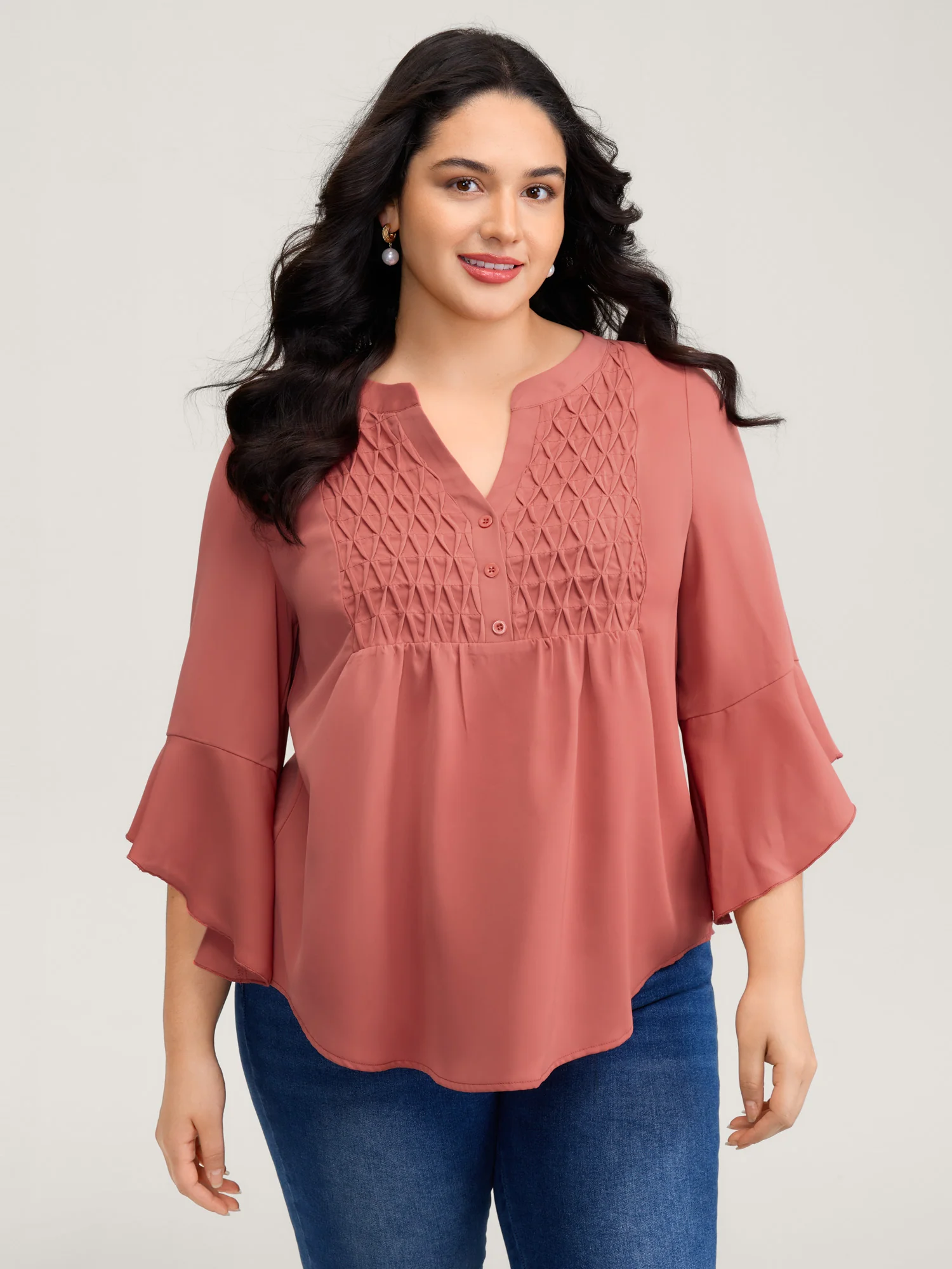 Textured Ruffled Sleeve Flowy Blouse - Image 2