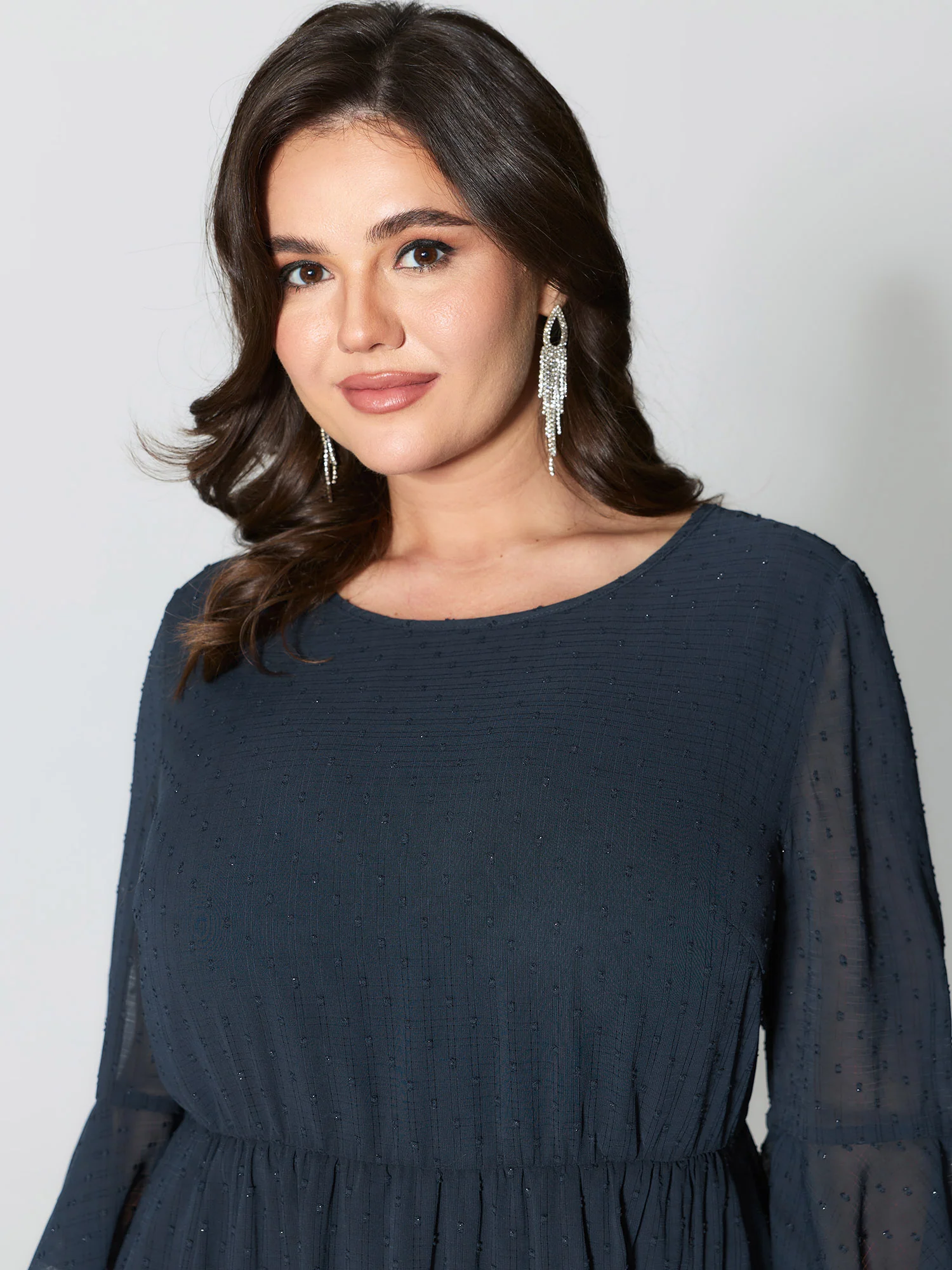 Textured Ruffled Sleeve Sheer Midi Dress - Image 2