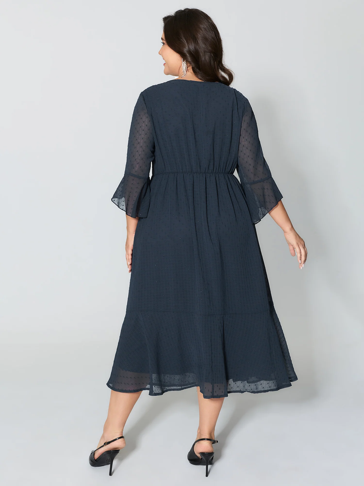 Textured Ruffled Sleeve Sheer Midi Dress - Image 4