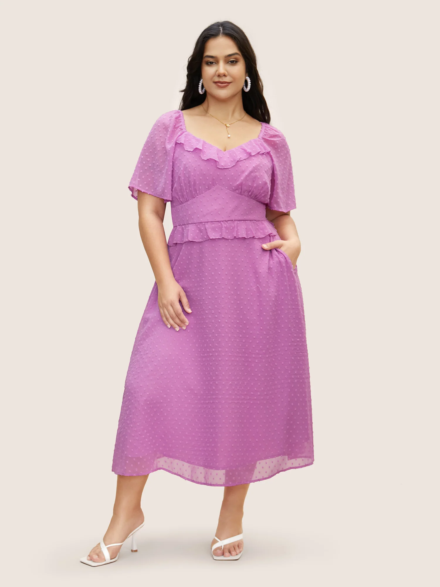 Textured Ruffles Shirred Raglan Sleeve Dress - Image 2