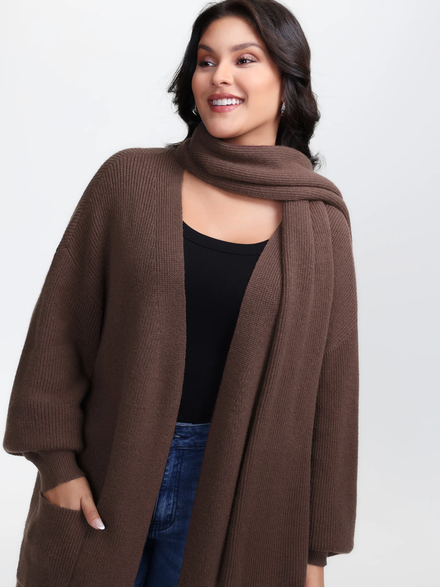 Textured Scarf Pockets Knit Cardigan - Image 2