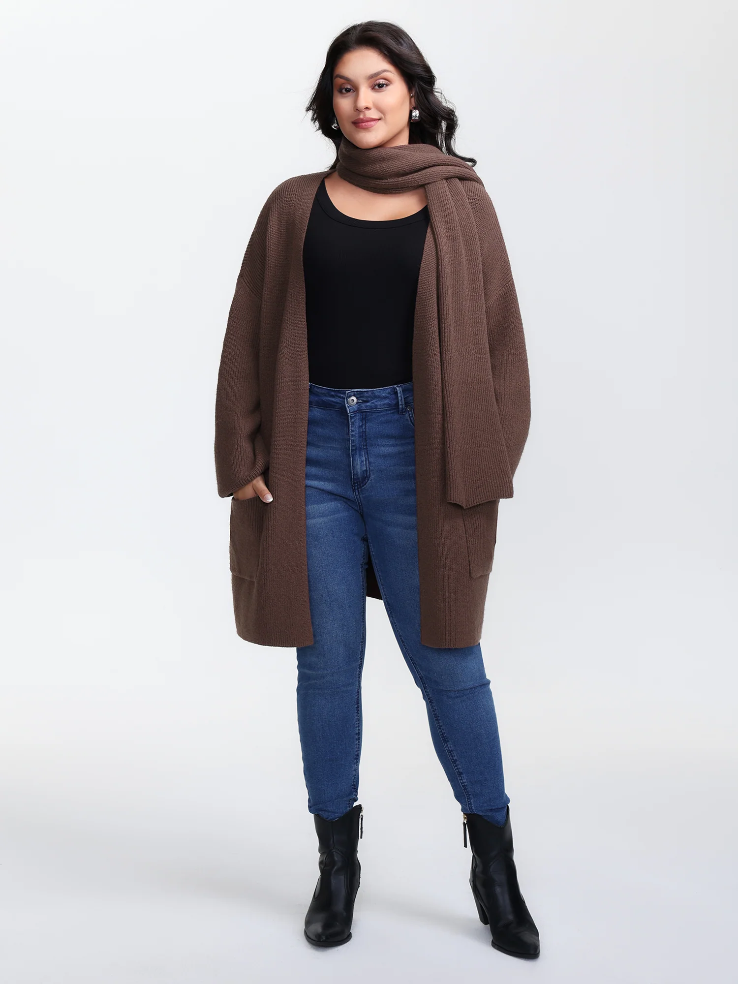 Textured Scarf Pockets Knit Cardigan - Image 3