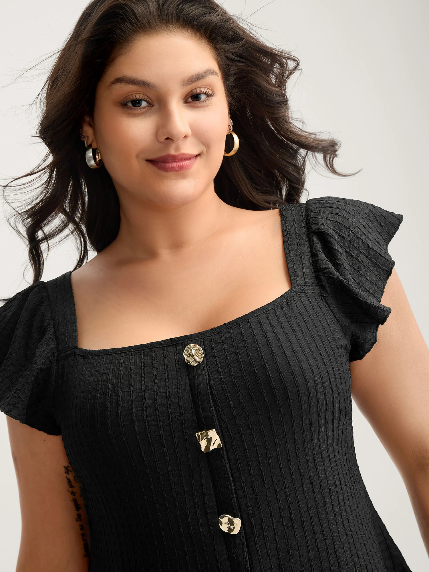Textured Shape Button Flutter Sleeve Blouse - Image 2