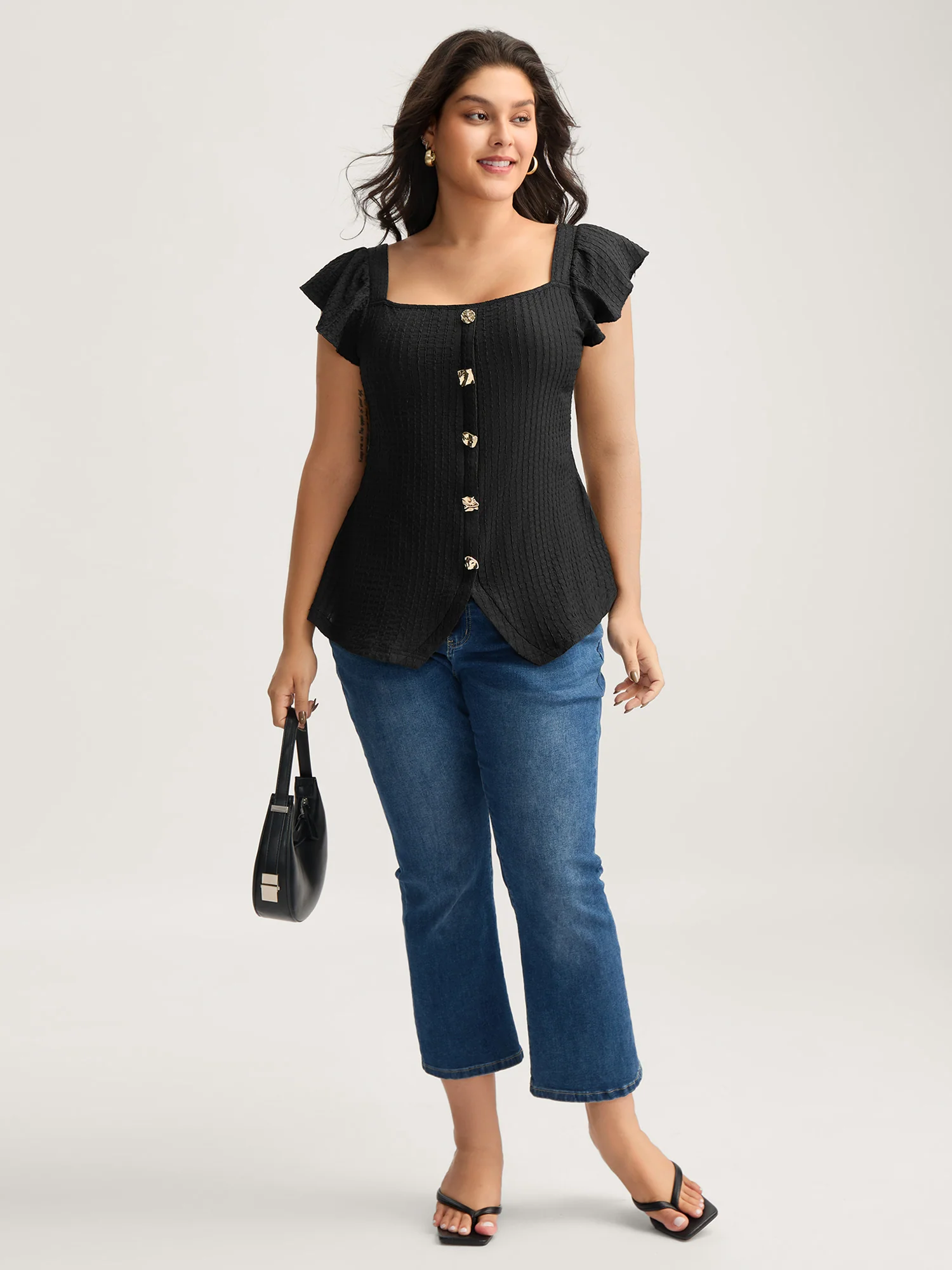 Textured Shape Button Flutter Sleeve Blouse - Image 3